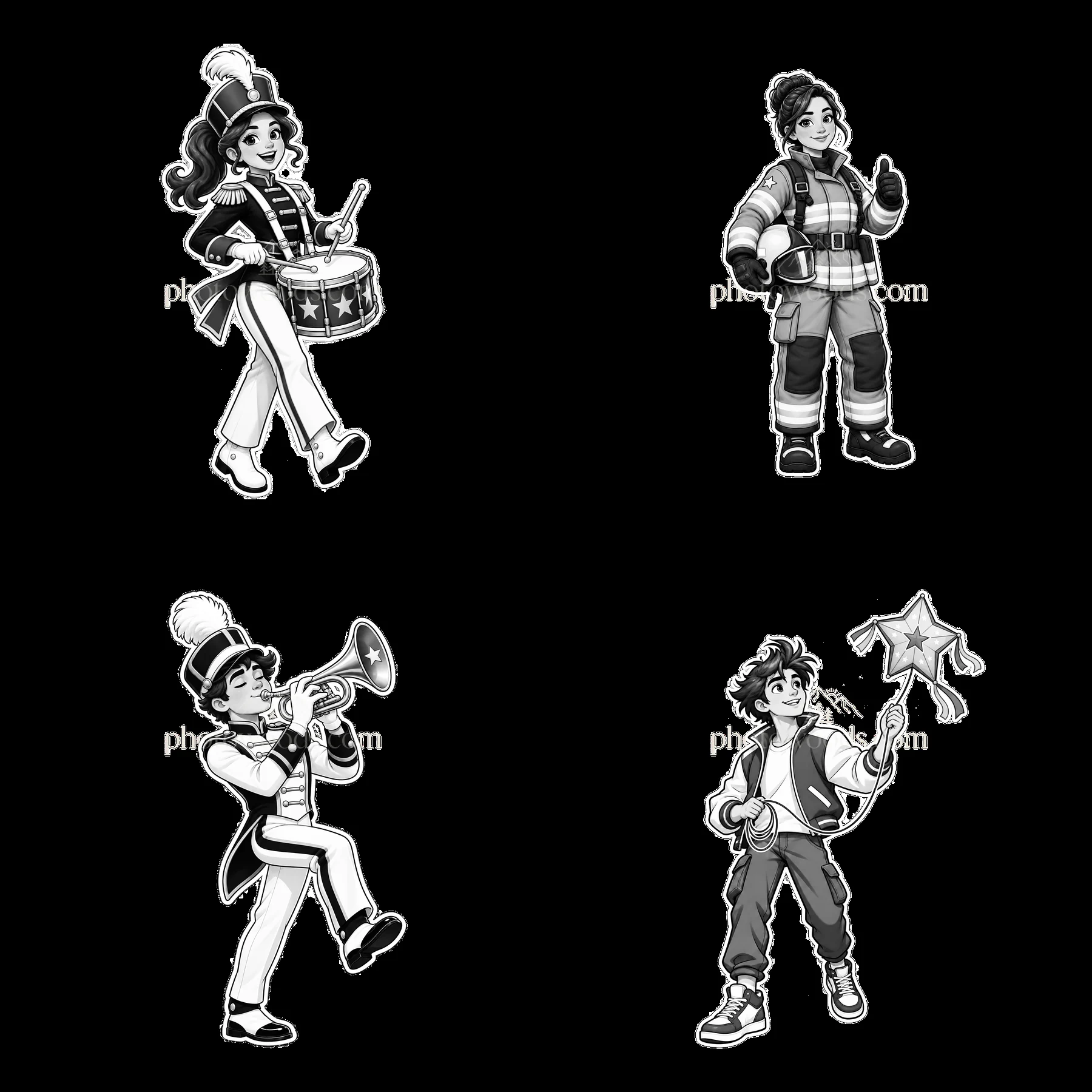 Cartoon characters celebrating patriotism in a 2x2 layout - AI-generated stock image
