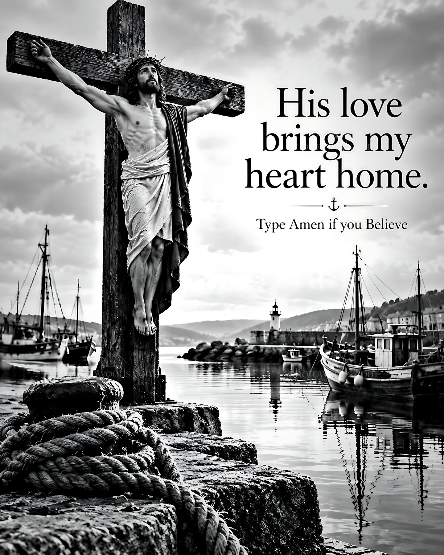 Compassion at the Harbor in black and white - AI-generated stock image