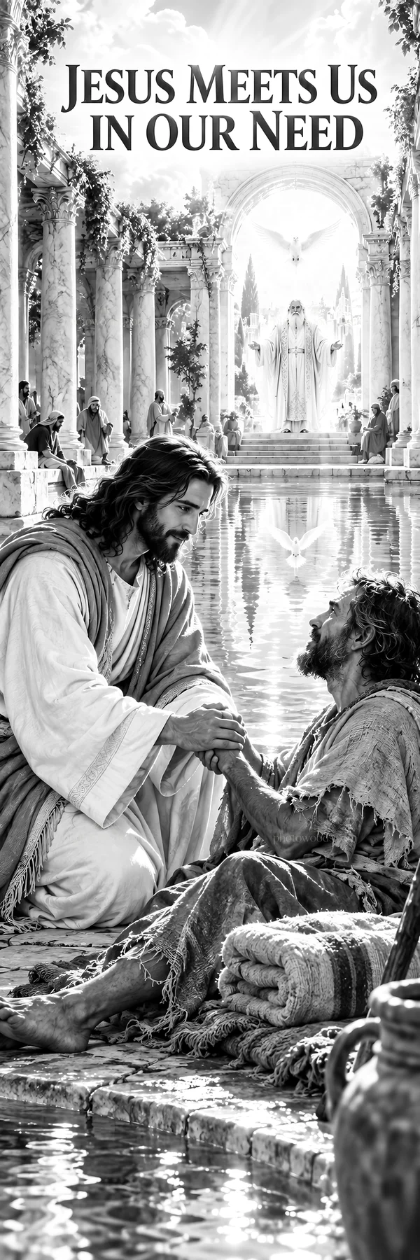 Jesus Christ meets a suffering man by the water - AI-generated stock image