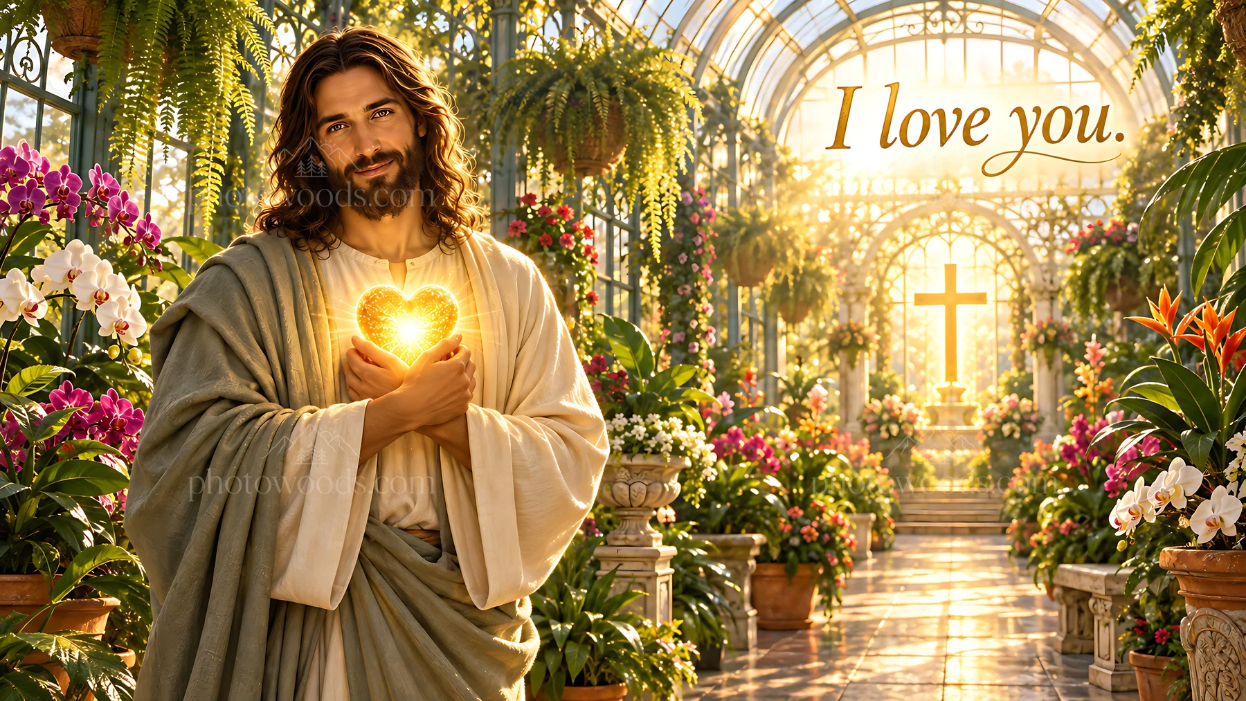 Love within the glasshouse with Jesus and flowers - AI-generated stock image