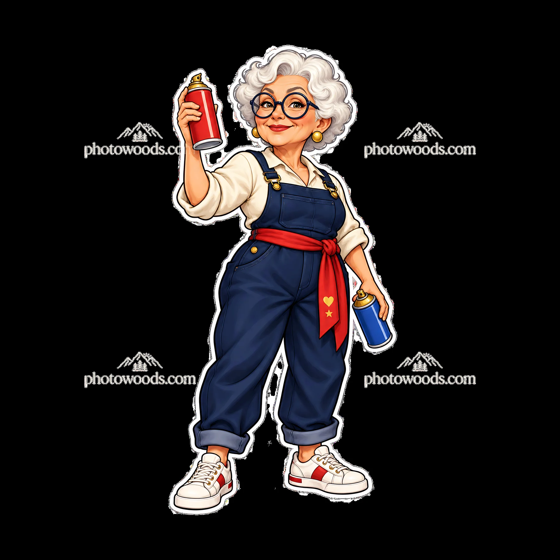 Elderly woman holding spray paint cans in overalls and sneakers - AI-generated stock image