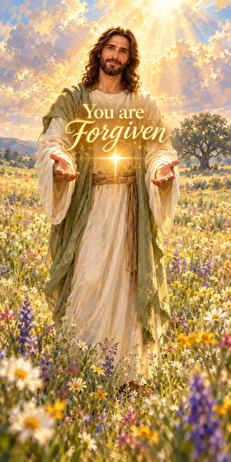 Jesus Christ welcoming with open arms in a field of flowers - AI-generated stock image