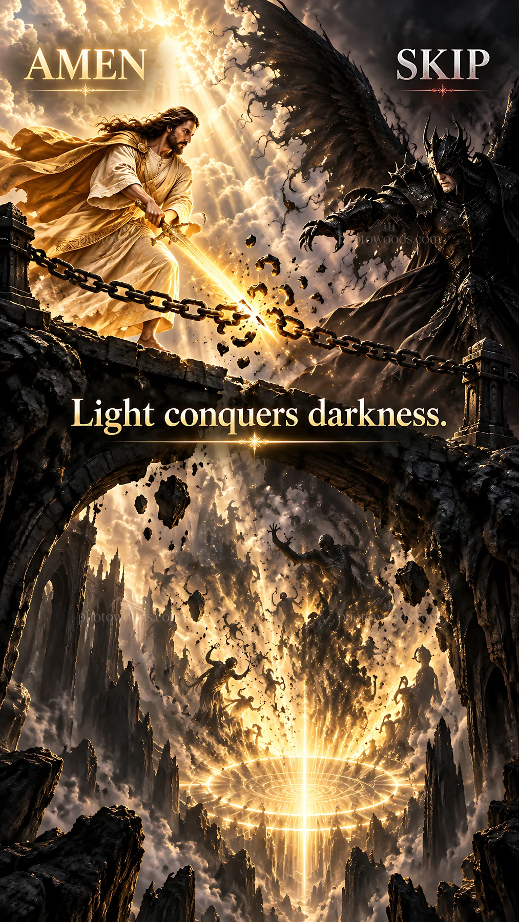 Jesus Christ defeats darkness with light - AI-generated stock image