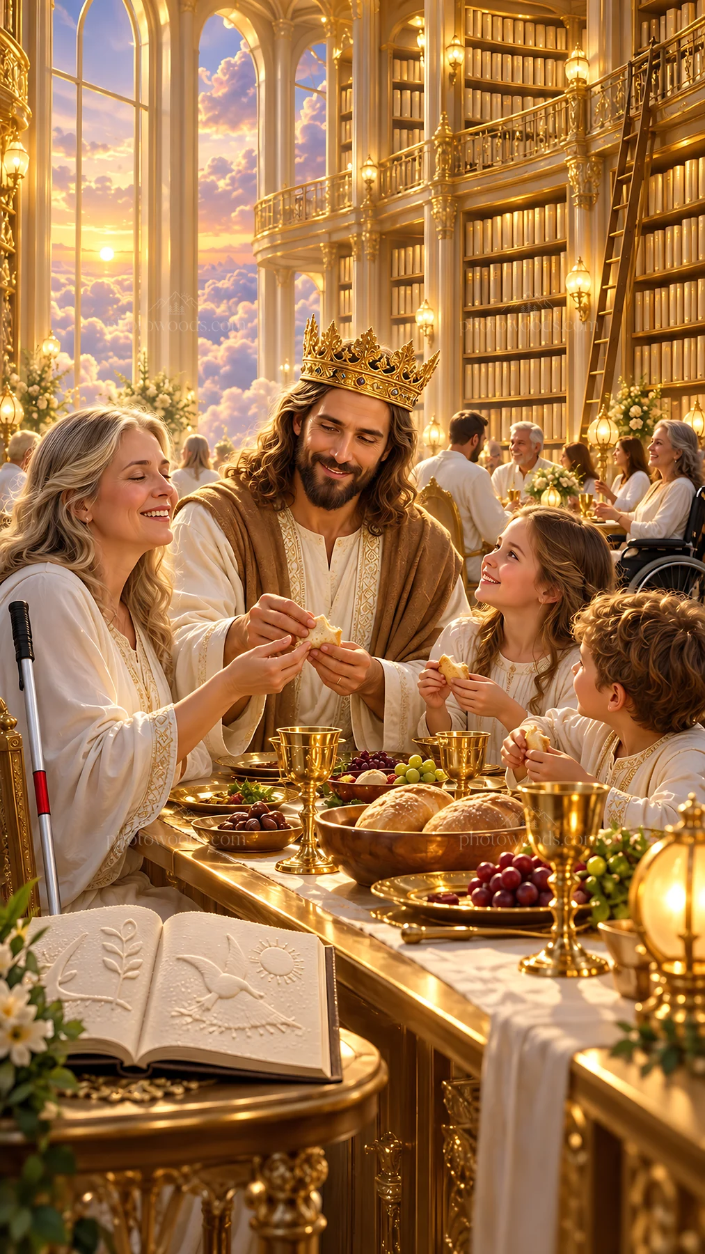 Jesus Christ sharing a meal with family in a bright library - AI-generated stock image