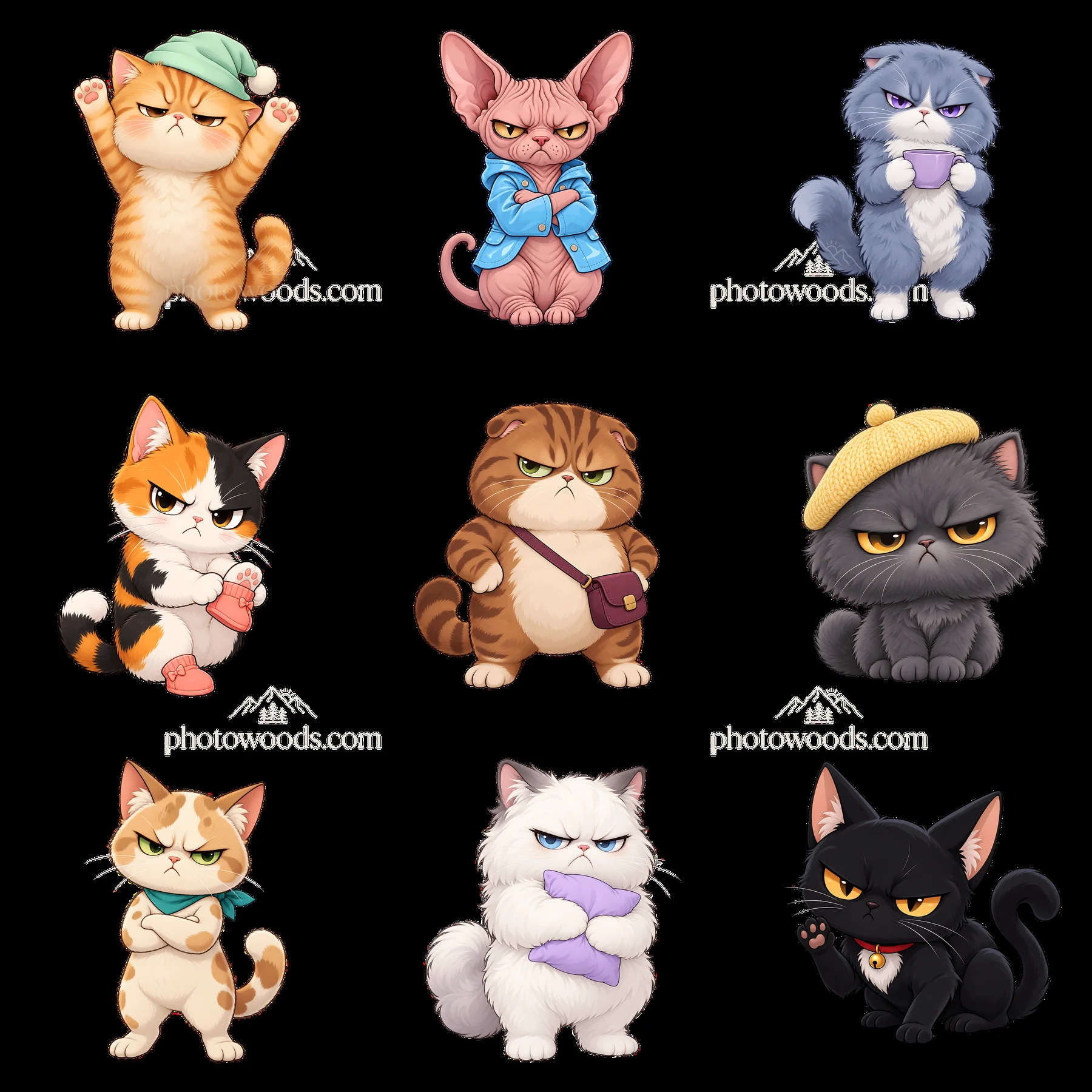 Grumpy cat stickers in a 3x3 kawaii layout - AI-generated stock image