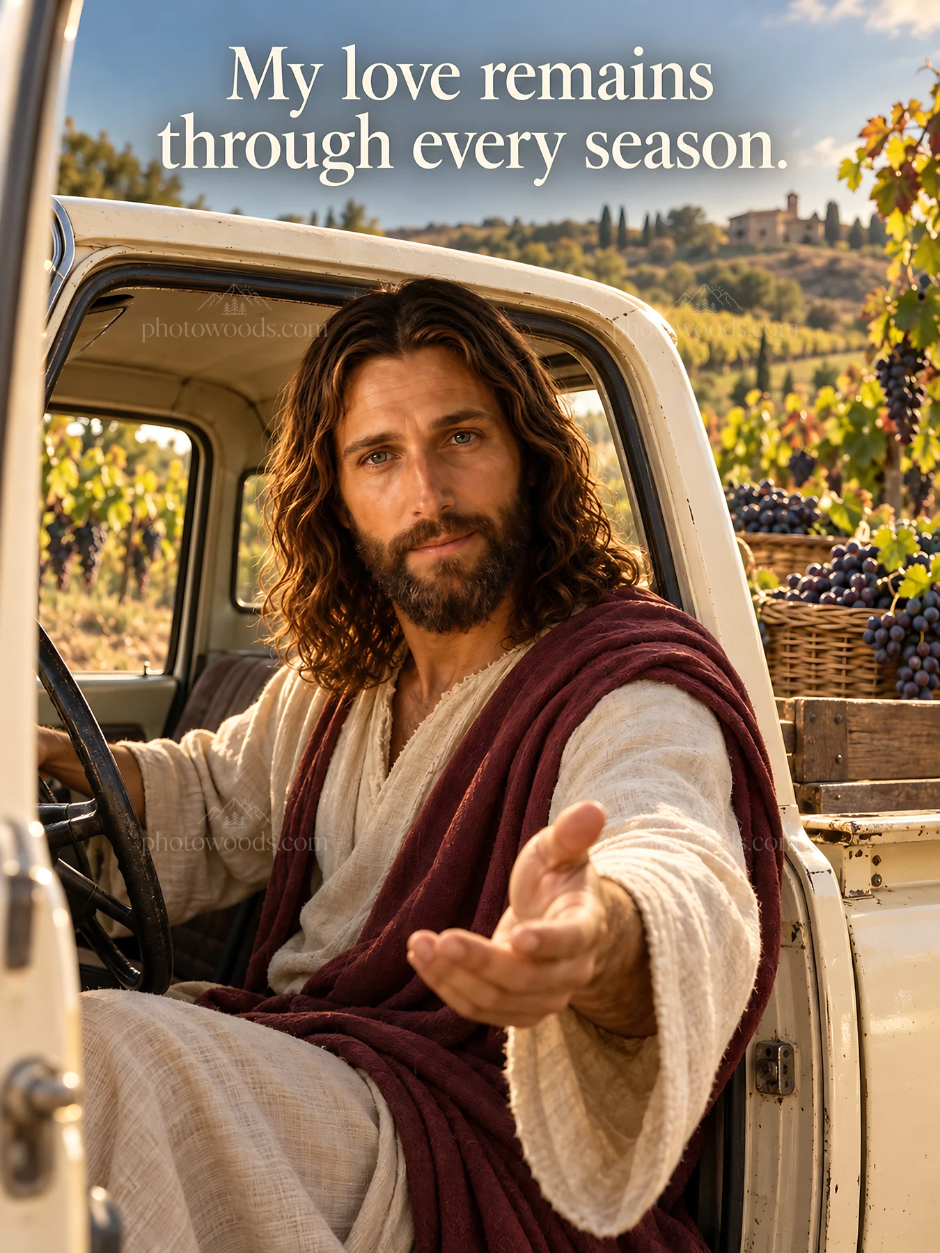 Jesus Christ inviting viewers from a vintage truck - AI-generated stock image