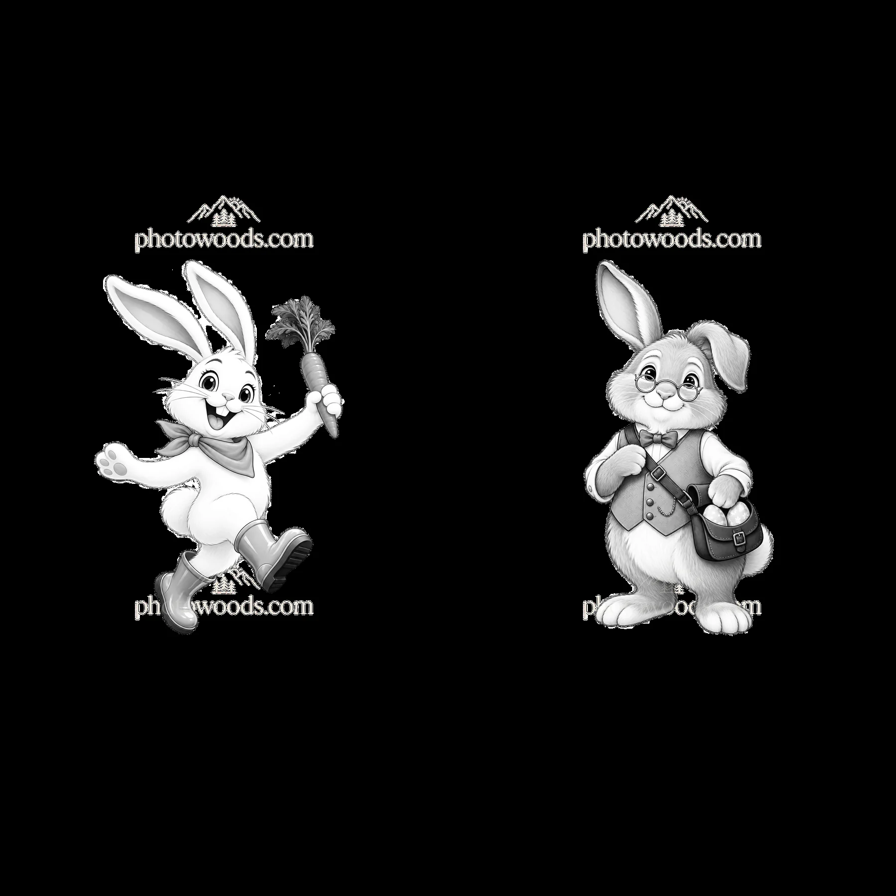 Easter bunnies holding carrot and bag in playful pose - AI-generated stock image