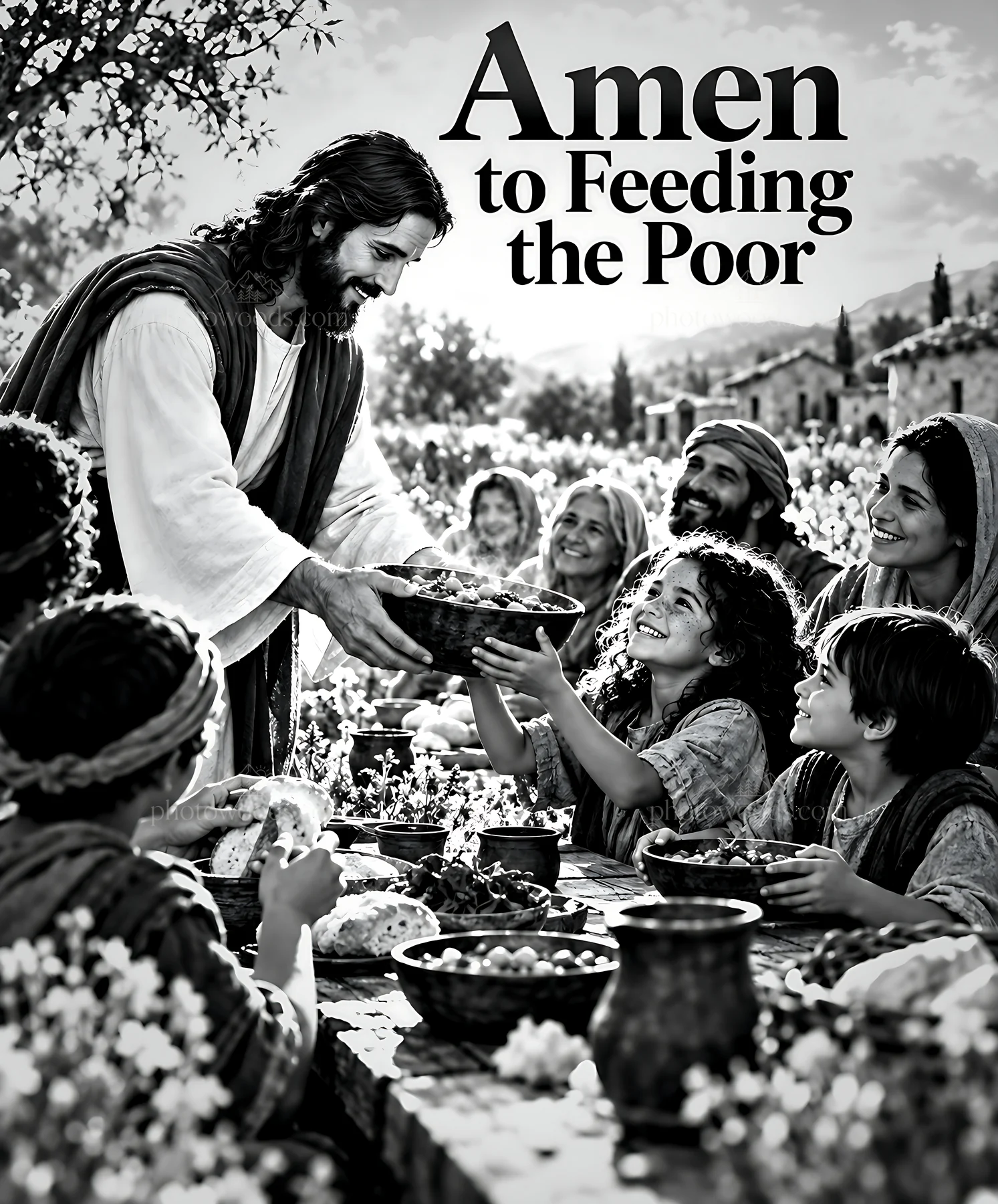 Shared table in the meadow with people gathering food - AI-generated stock image