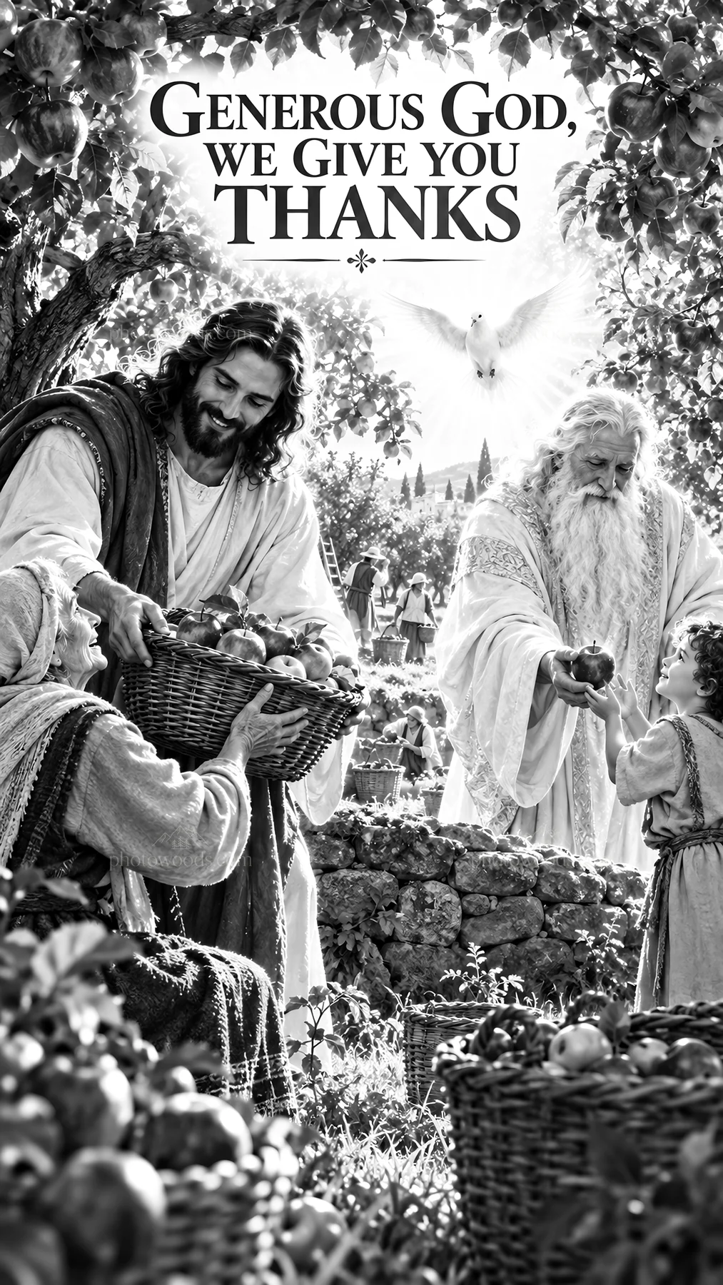 Jesus Christ sharing food and blessings with people - AI-generated stock image
