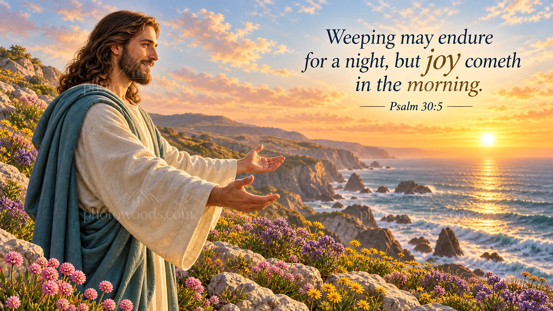 Jesus Christ welcoming with open arms by the sea - AI-generated stock image