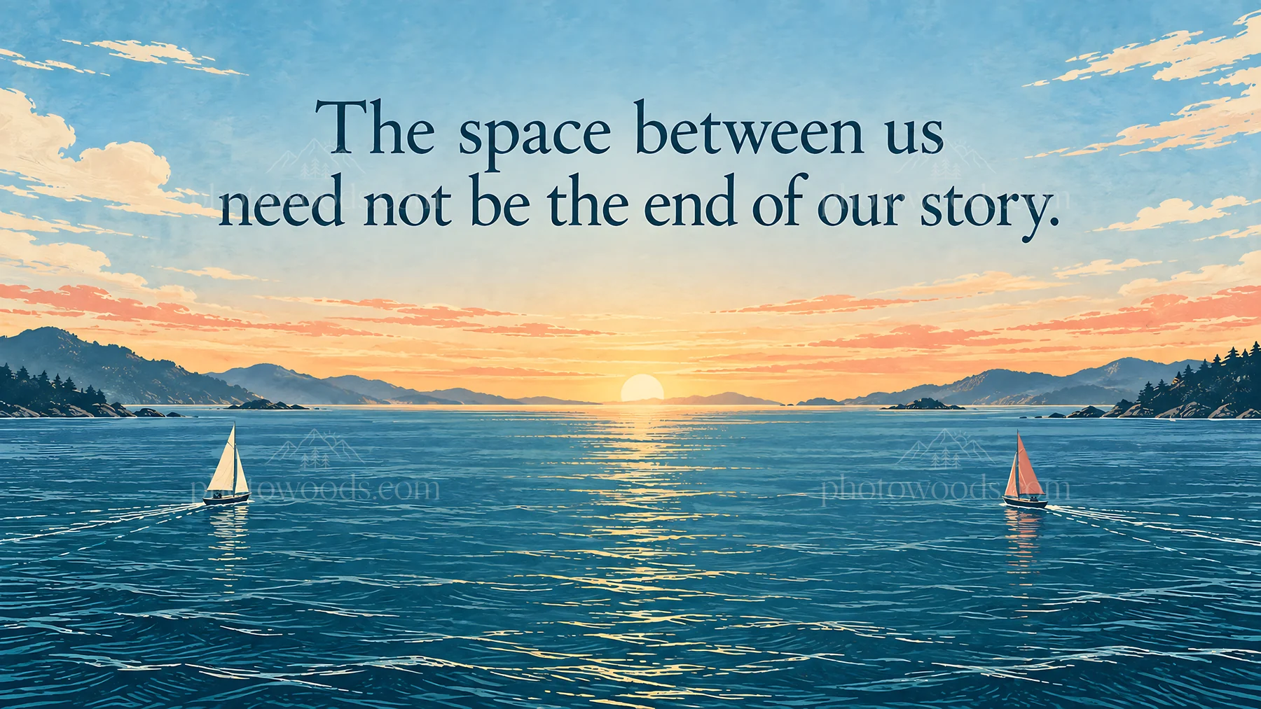 Sailboats Across a Sunset Bay with a Hopeful Message - AI-generated stock image