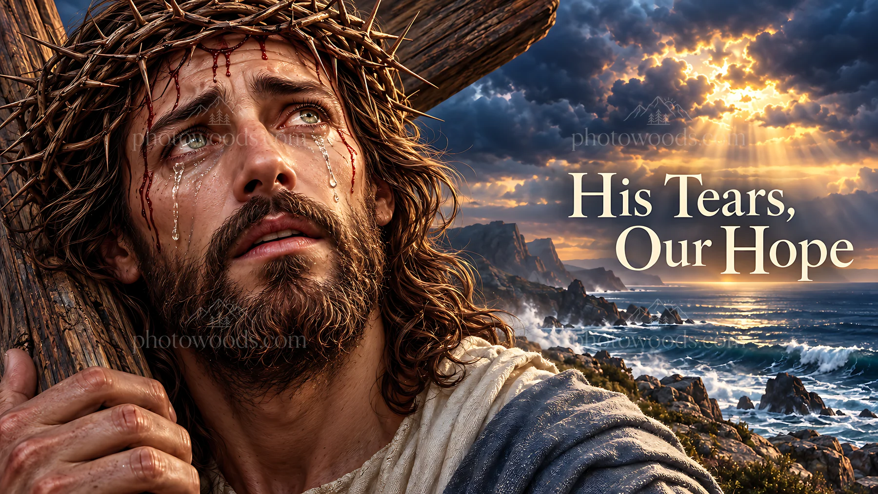 Man with a crown of thorns holding a cross by the sea - AI-generated stock image