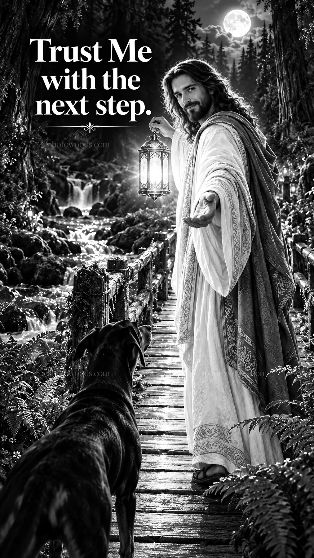 Jesus Christ guiding a dog with a lantern on a forest path - AI-generated stock image