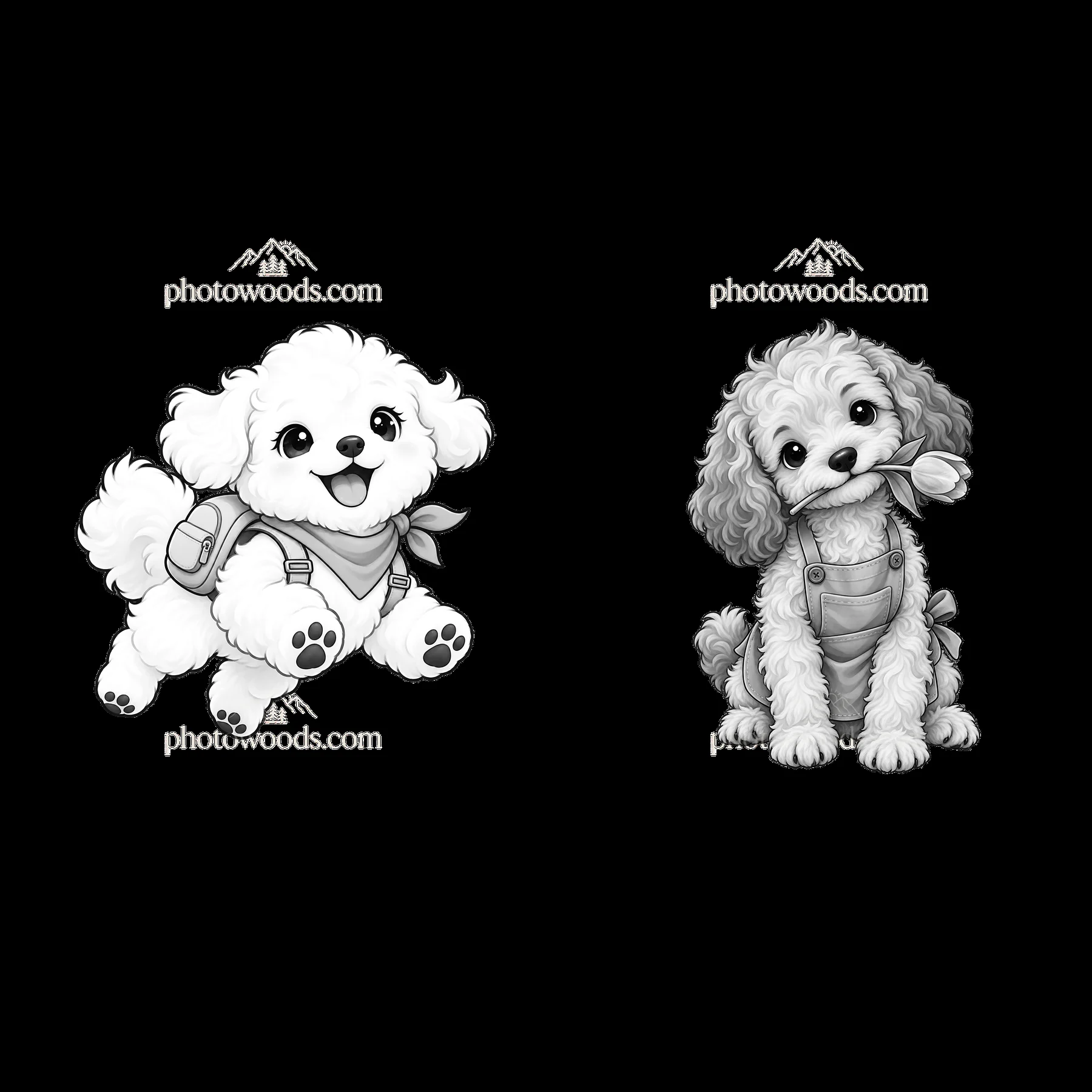 Two cute dogs playing with toys in a monochrome cartoon style - AI-generated stock image