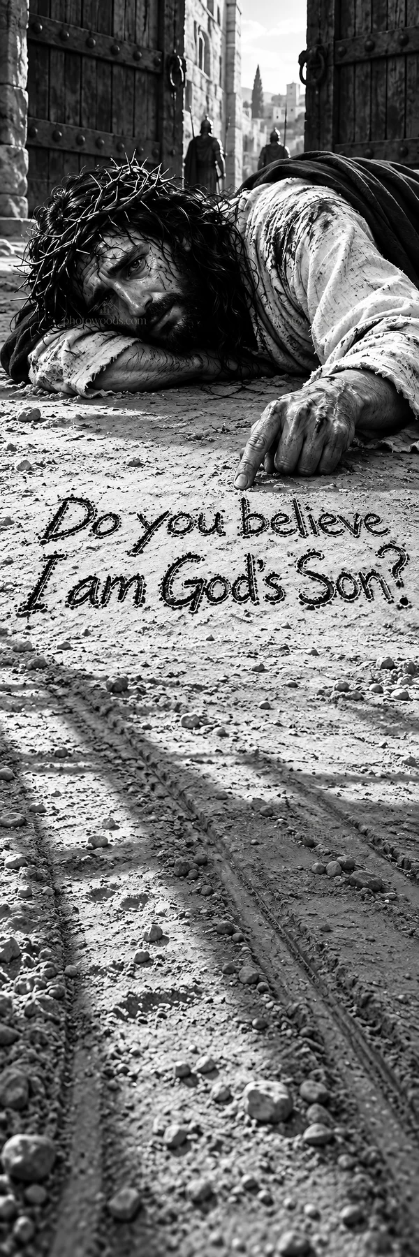 Jesus Christ on the ground asking if you believe he is God's Son - AI-generated stock image