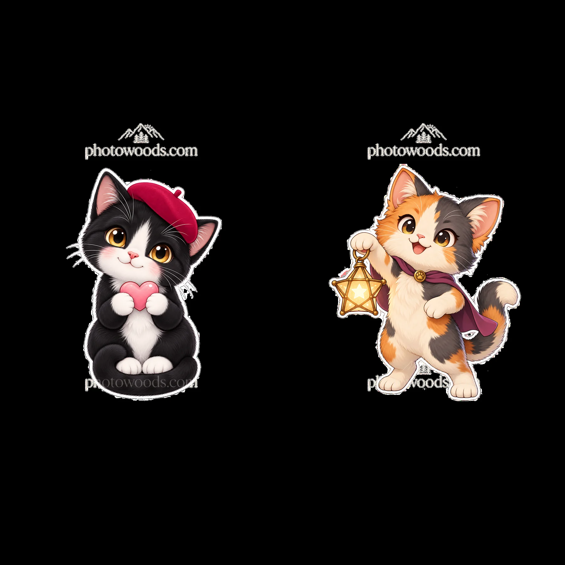 Kawaii cats with lantern and heart symbol cartoon sticker pair - AI-generated stock image
