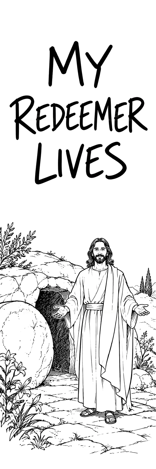Jesus Christ welcomes with open arms at the empty tomb - AI-generated stock image
