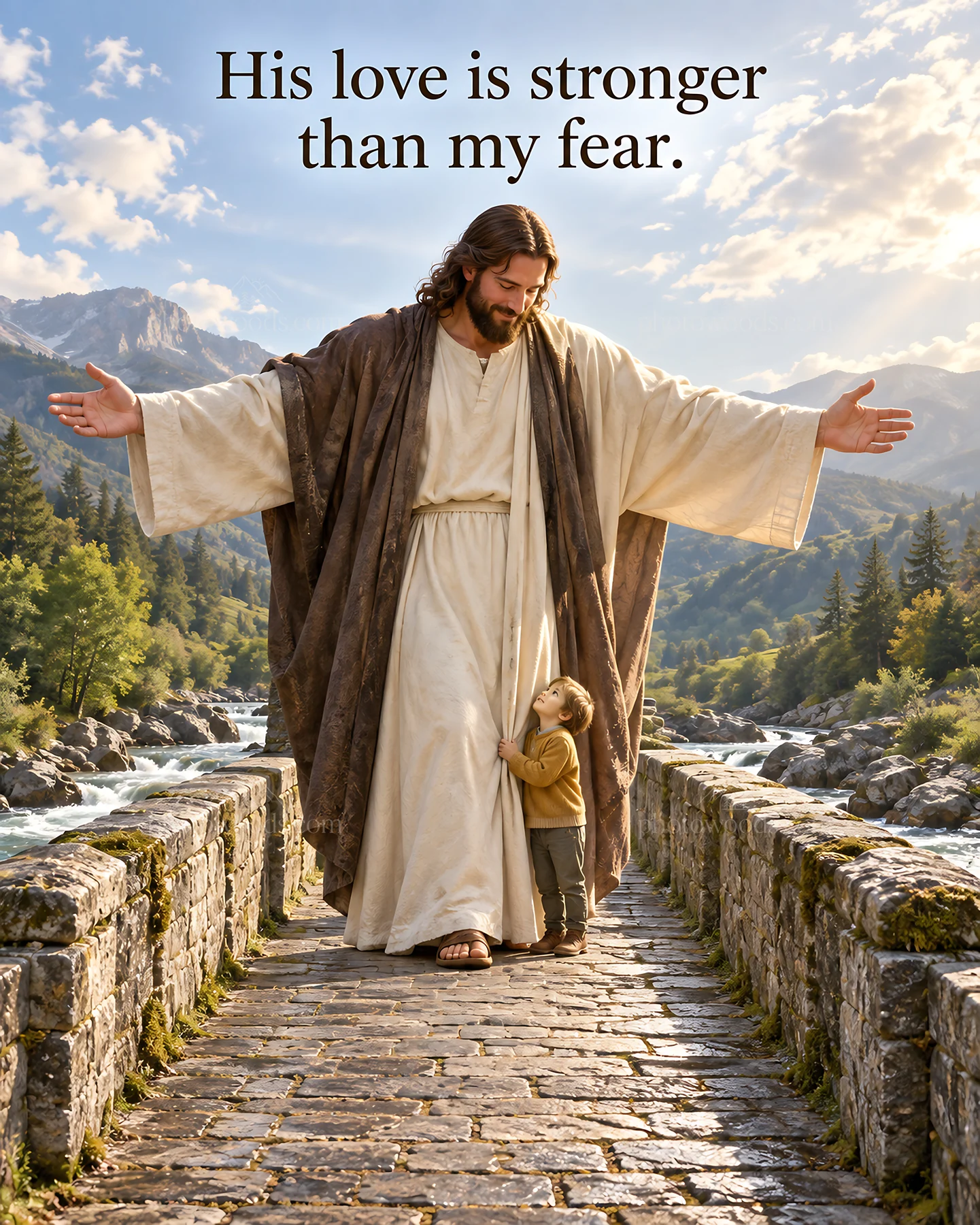 Jesus Christ comforting a child by a river in nature - AI-generated stock image