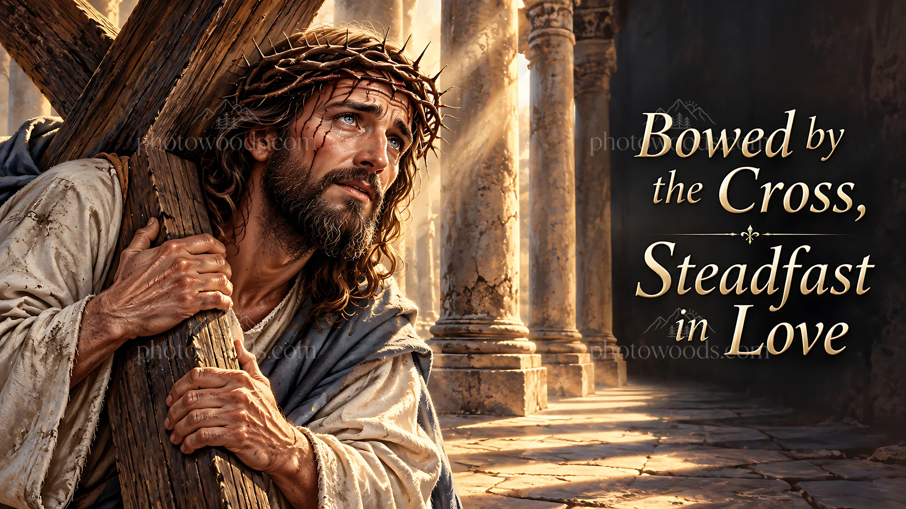 Bowed by the cross steadfast in love - AI-generated stock image