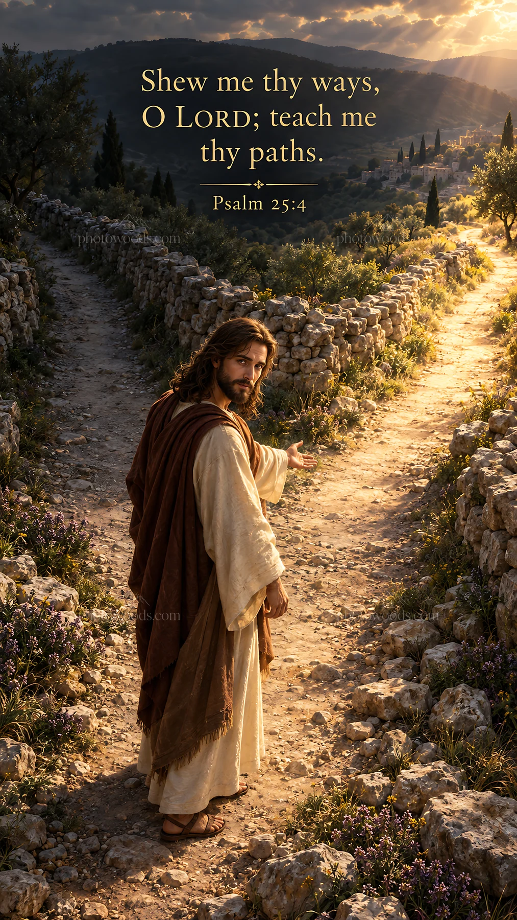 Jesus Christ on the path, teaching and guiding followers - AI-generated stock image