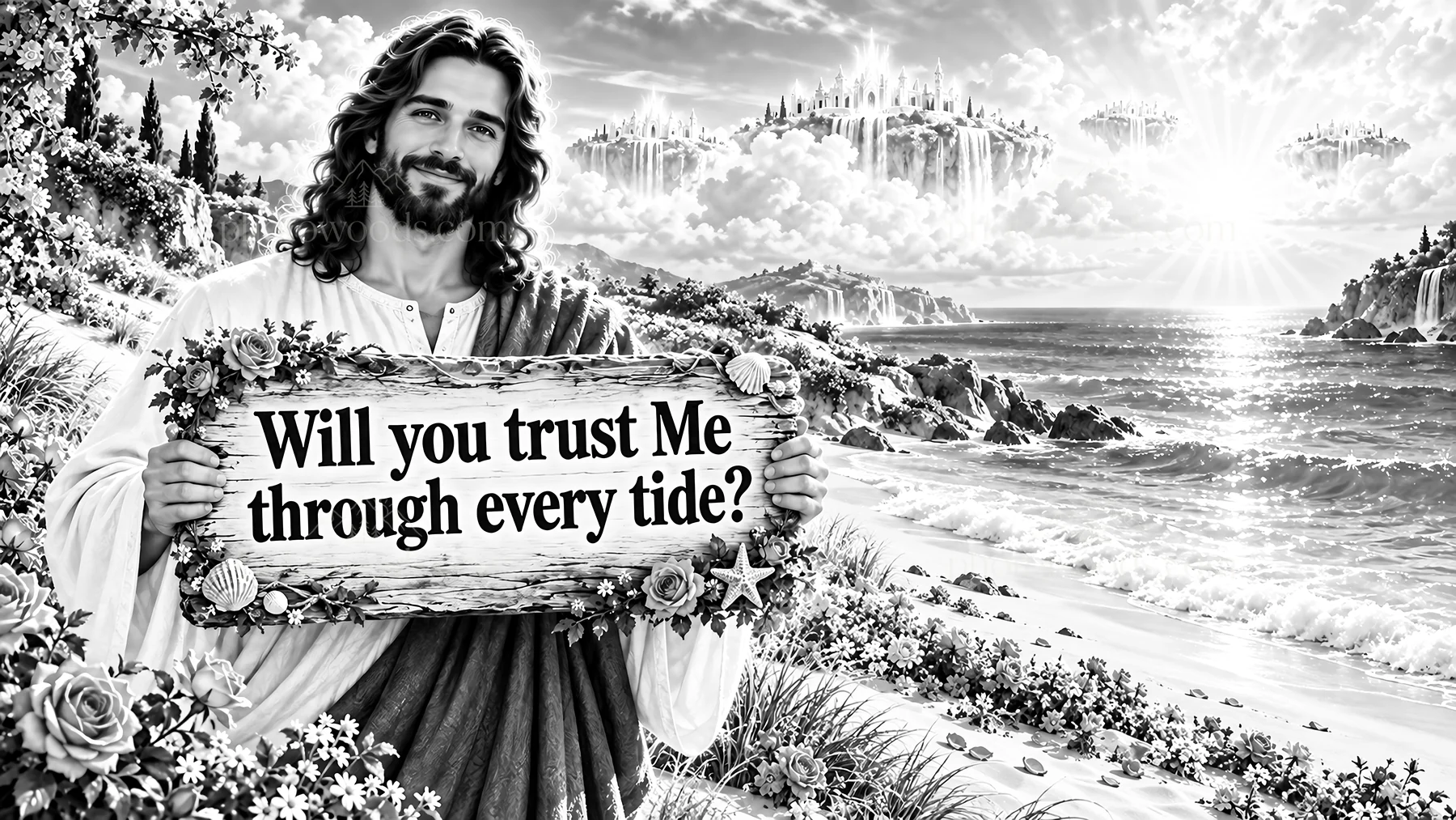 Jesus Christ holding a sign asking to trust Him through every tide - AI-generated stock image