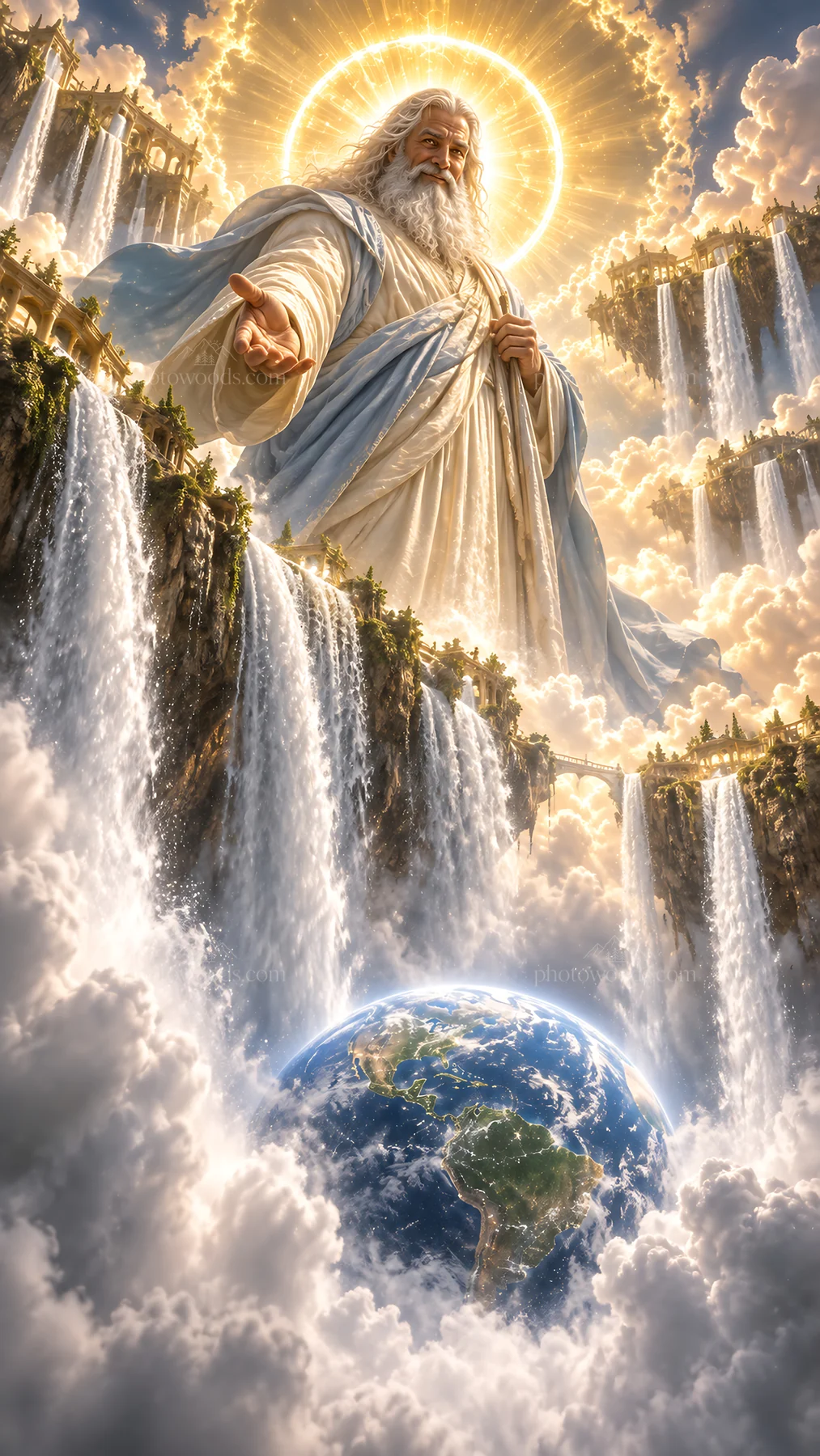 Jesus Christ reaches out over a heavenly landscape - AI-generated stock image