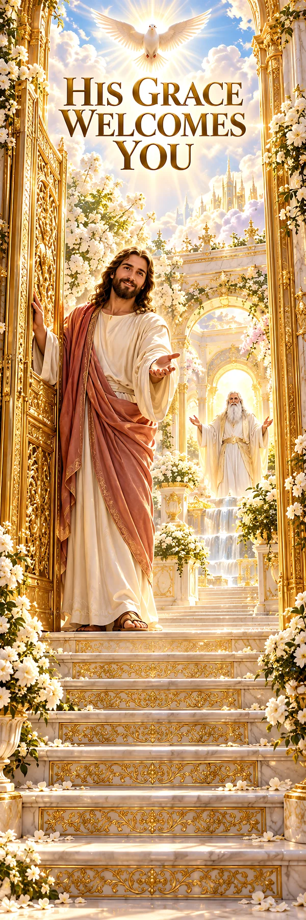 Jesus Christ welcoming viewers in a heavenly setting - AI-generated stock image