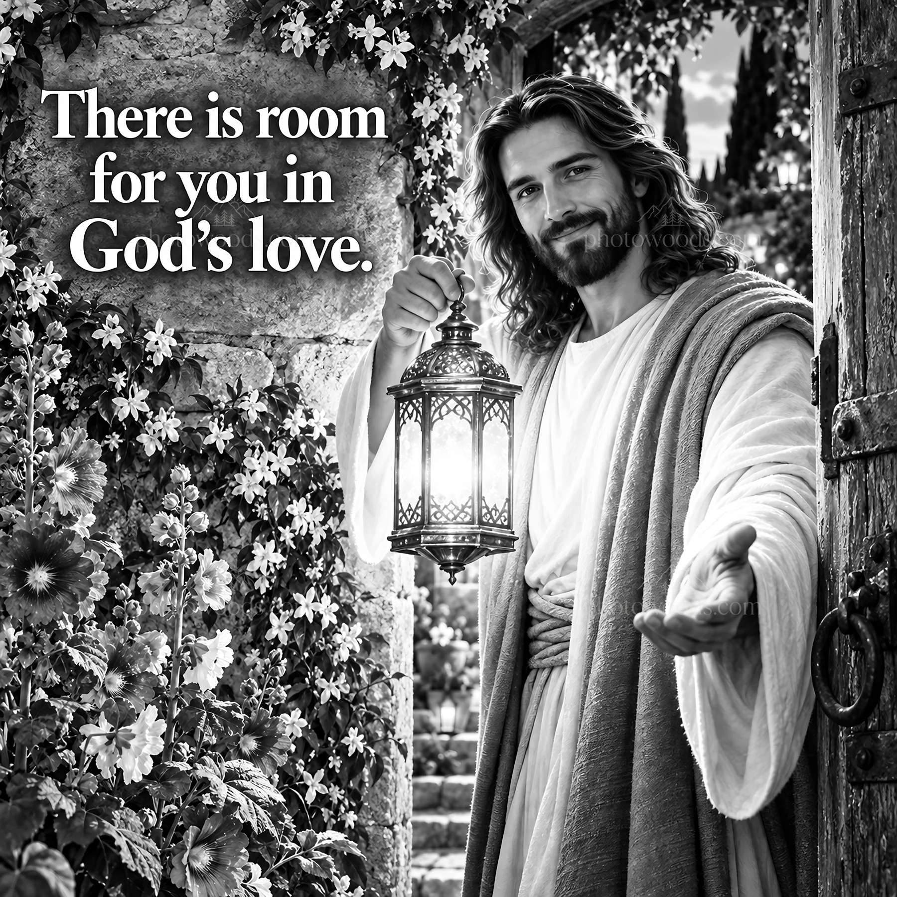 Jesus Christ welcoming with a lantern in a garden setting - AI-generated stock image