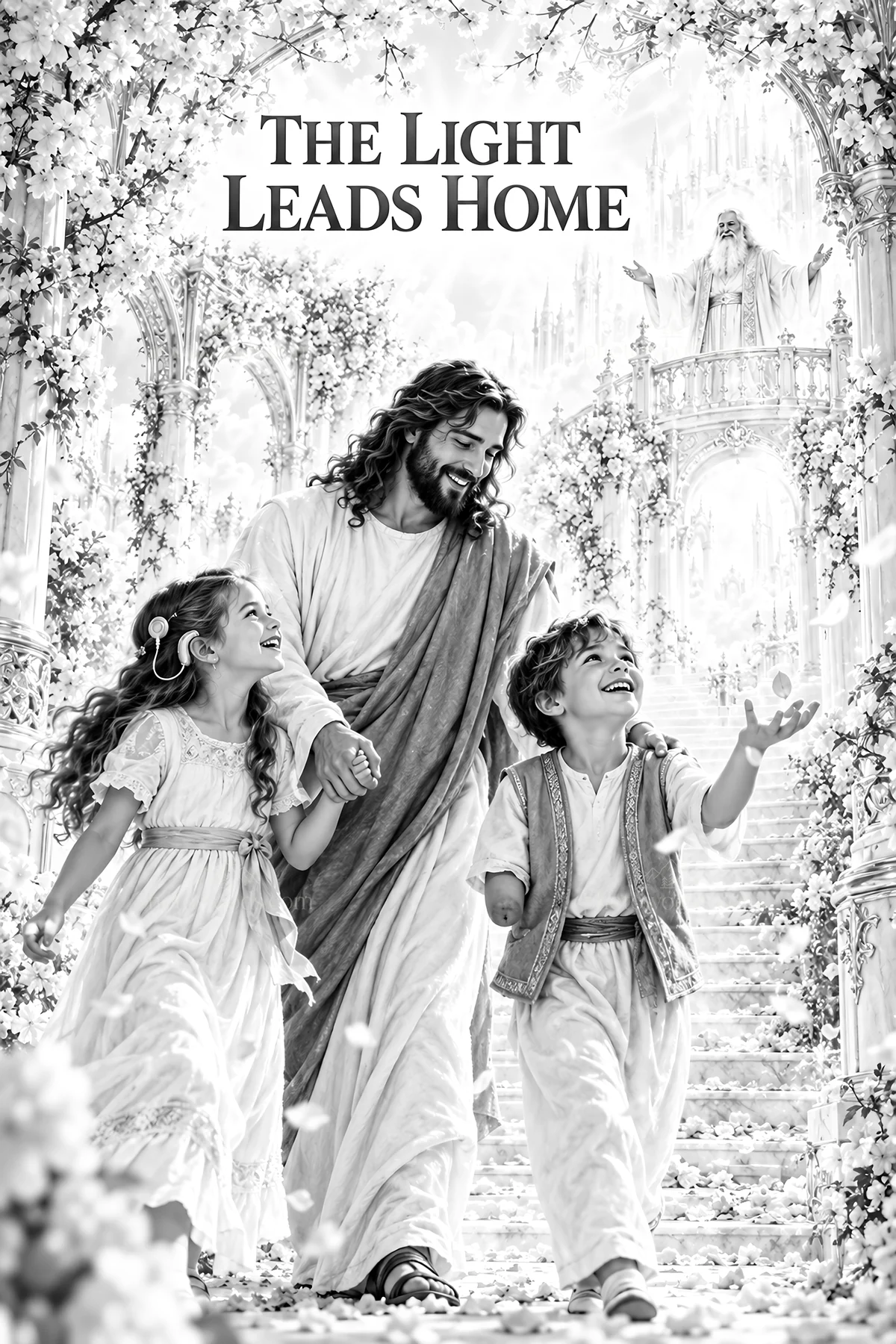 Jesus Christ walking with children in a bright garden - AI-generated stock image