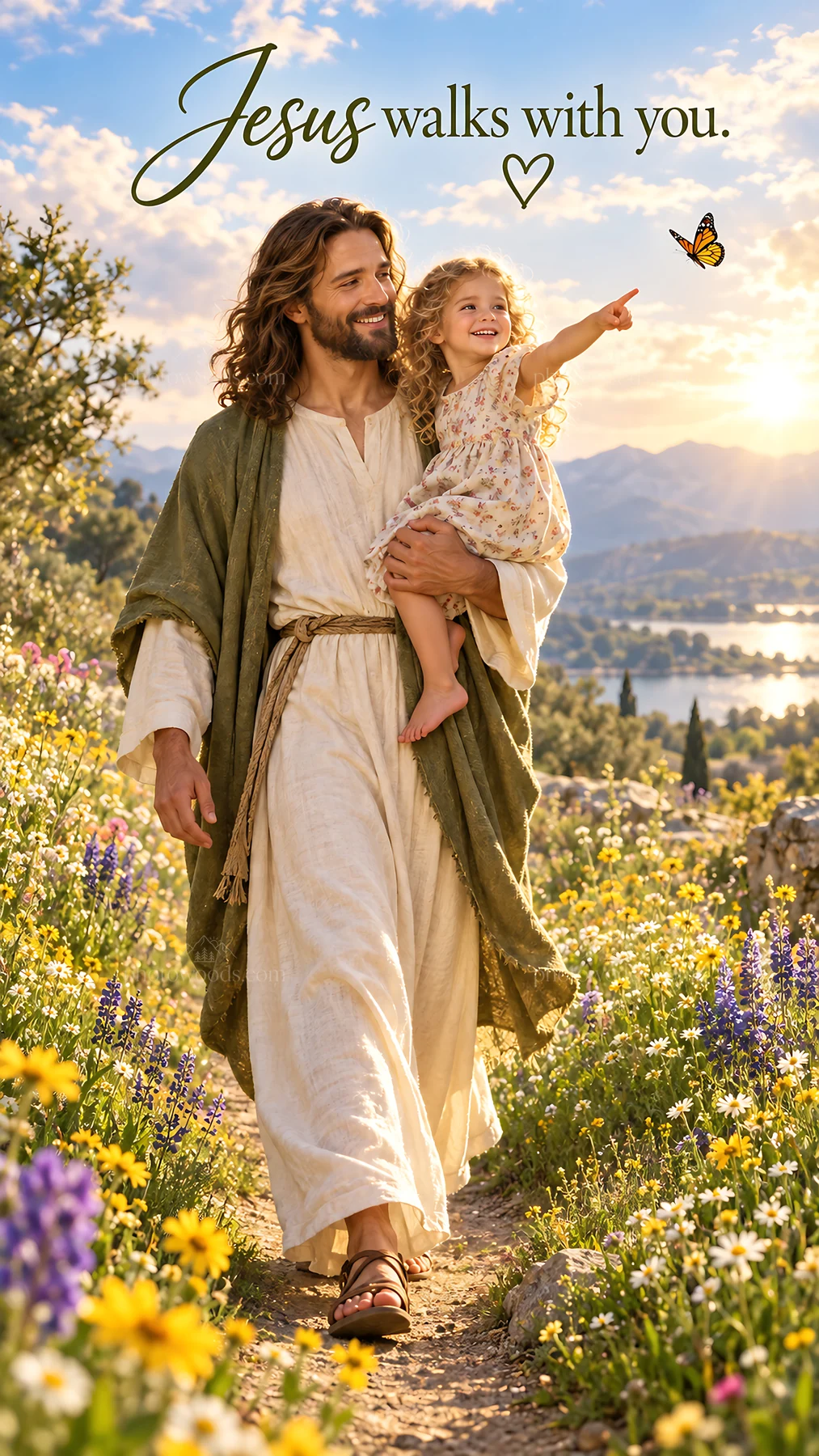 Jesus Christ walks with a child in a beautiful landscape - AI-generated stock image