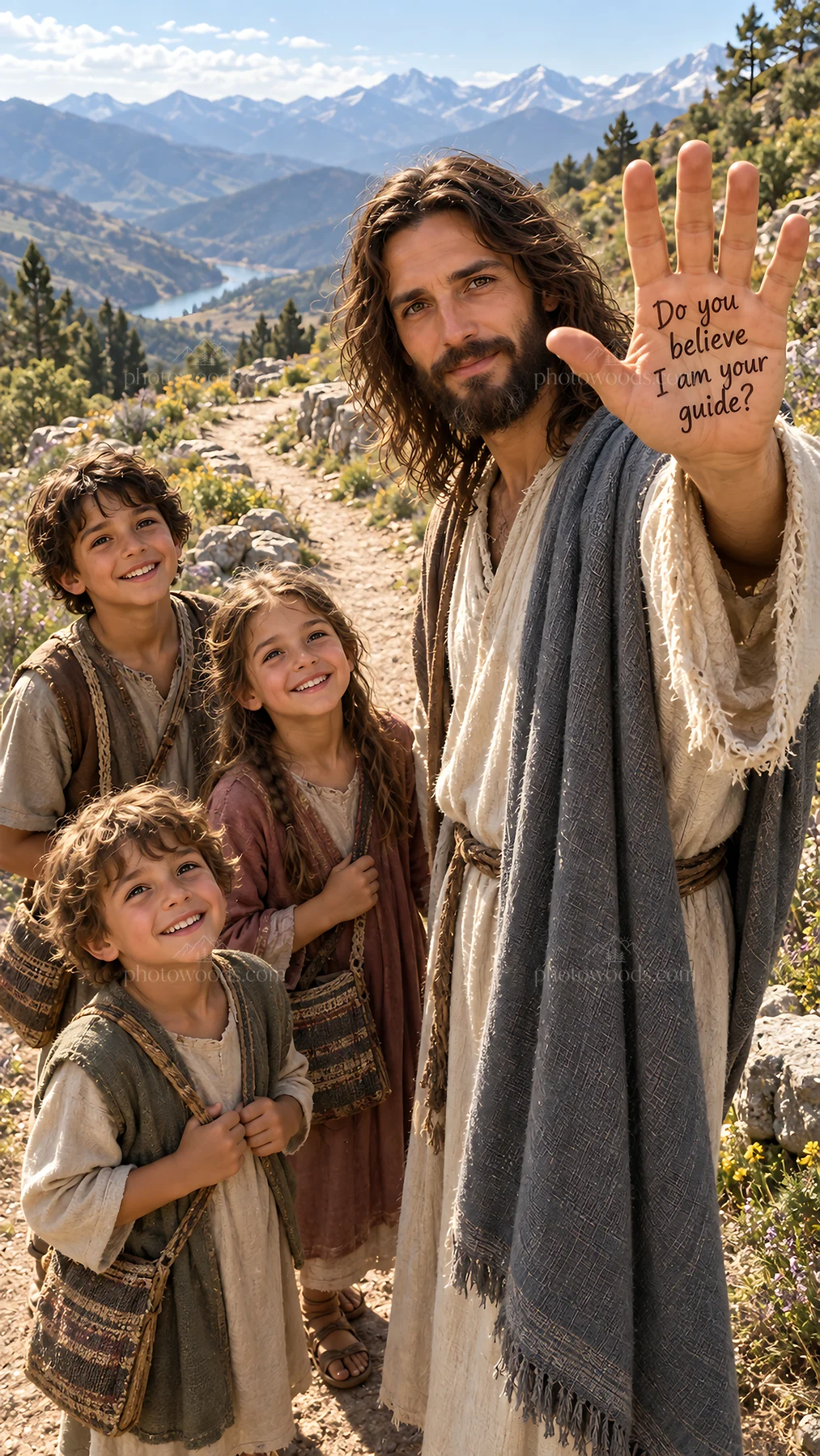 Jesus Christ welcomes children and shares a message of guidance - AI-generated stock image