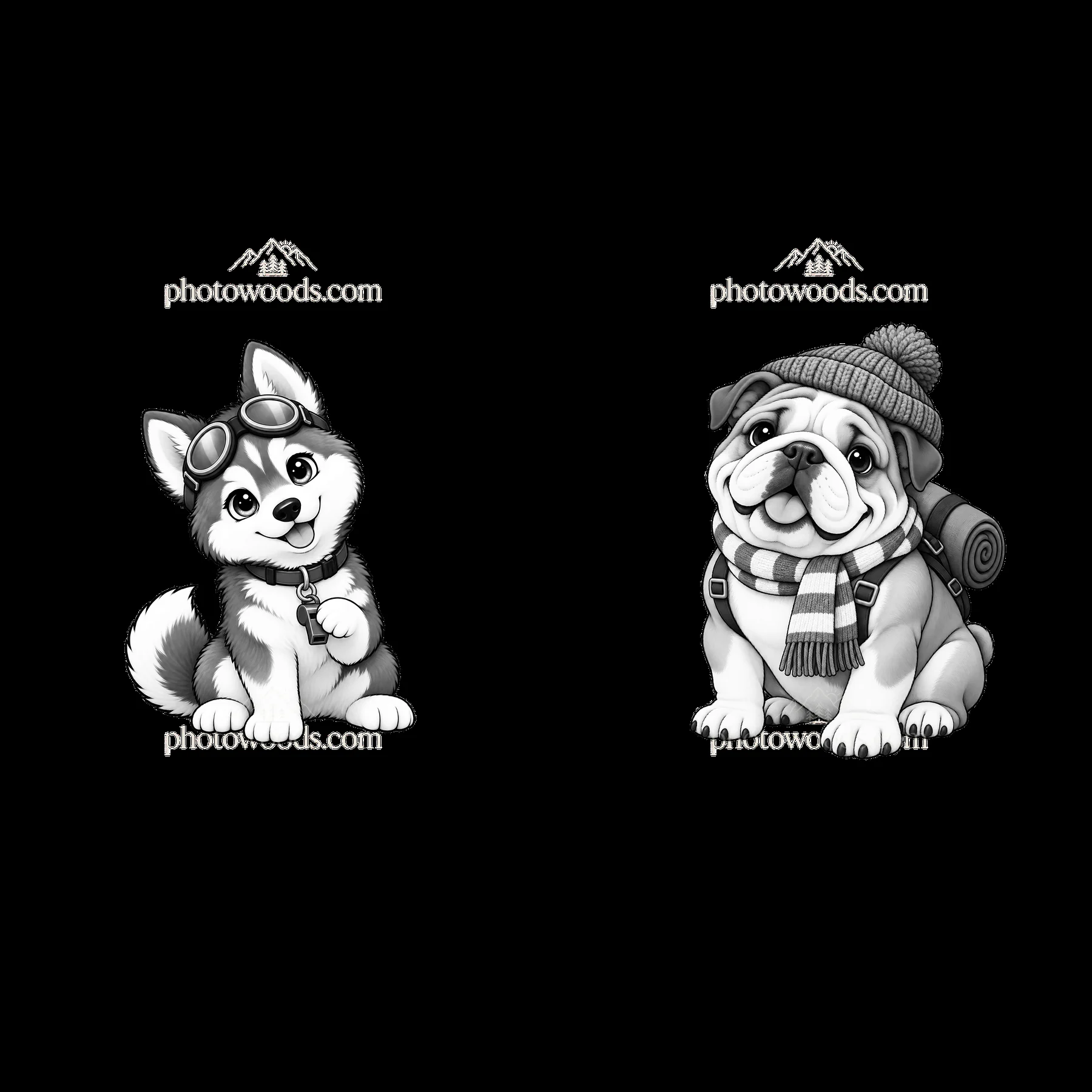 Two cartoon dogs are shown side by side - AI-generated stock image