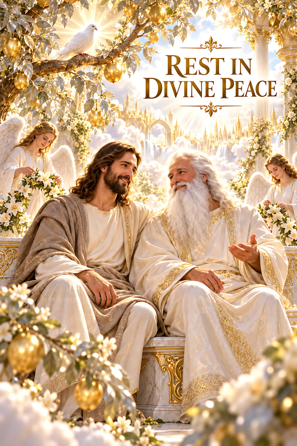 Rest in Divine Peace with angels in the heavenly setting - AI-generated stock image