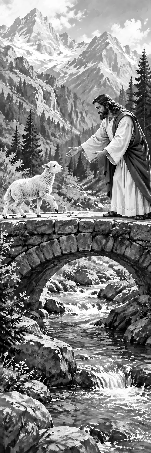 Jesus Christ comforting a lamb beside a flowing stream - AI-generated stock image