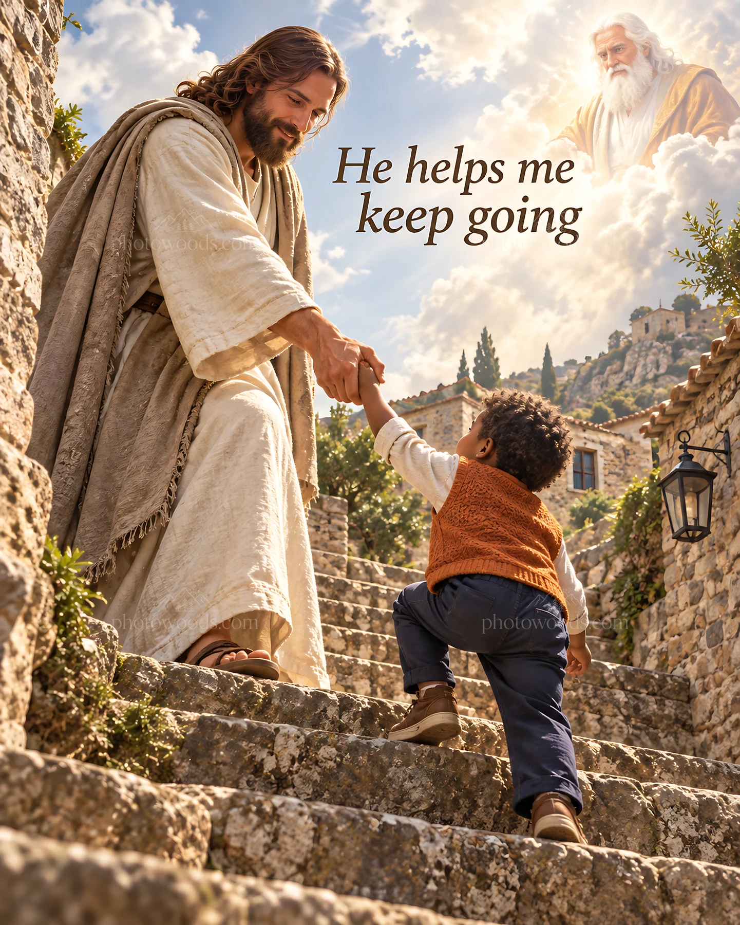 Jesus Christ helps a child climb stairs - AI-generated stock image