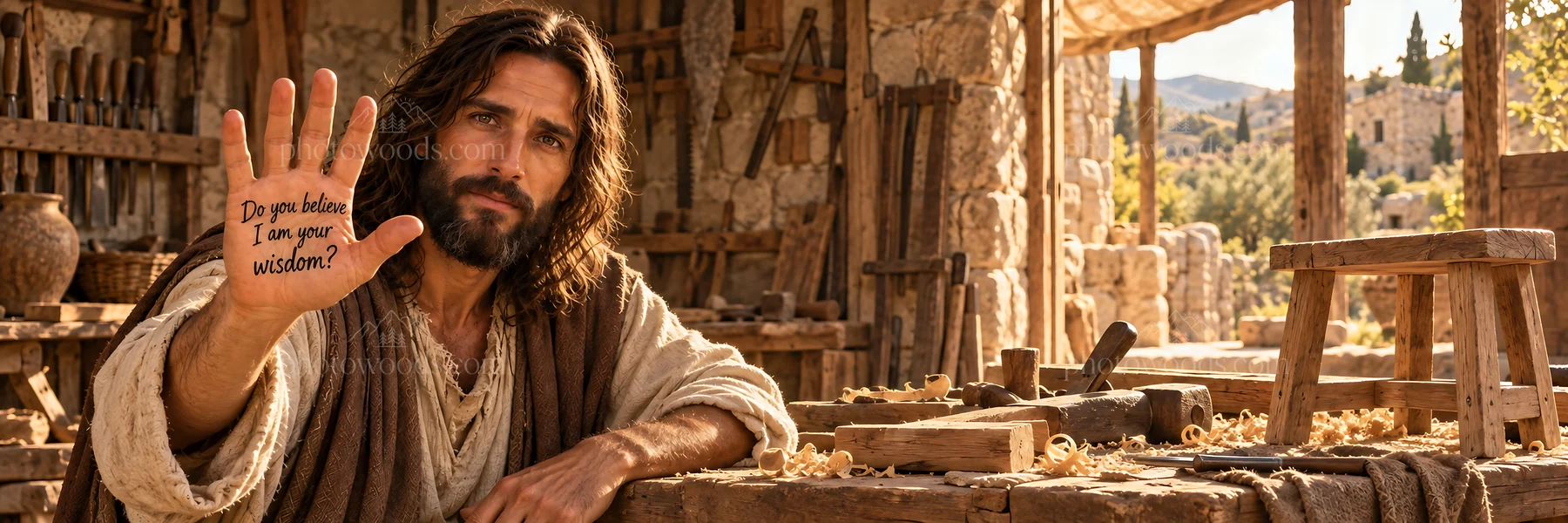 Jesus Christ showing wisdom in a workshop setting - AI-generated stock image