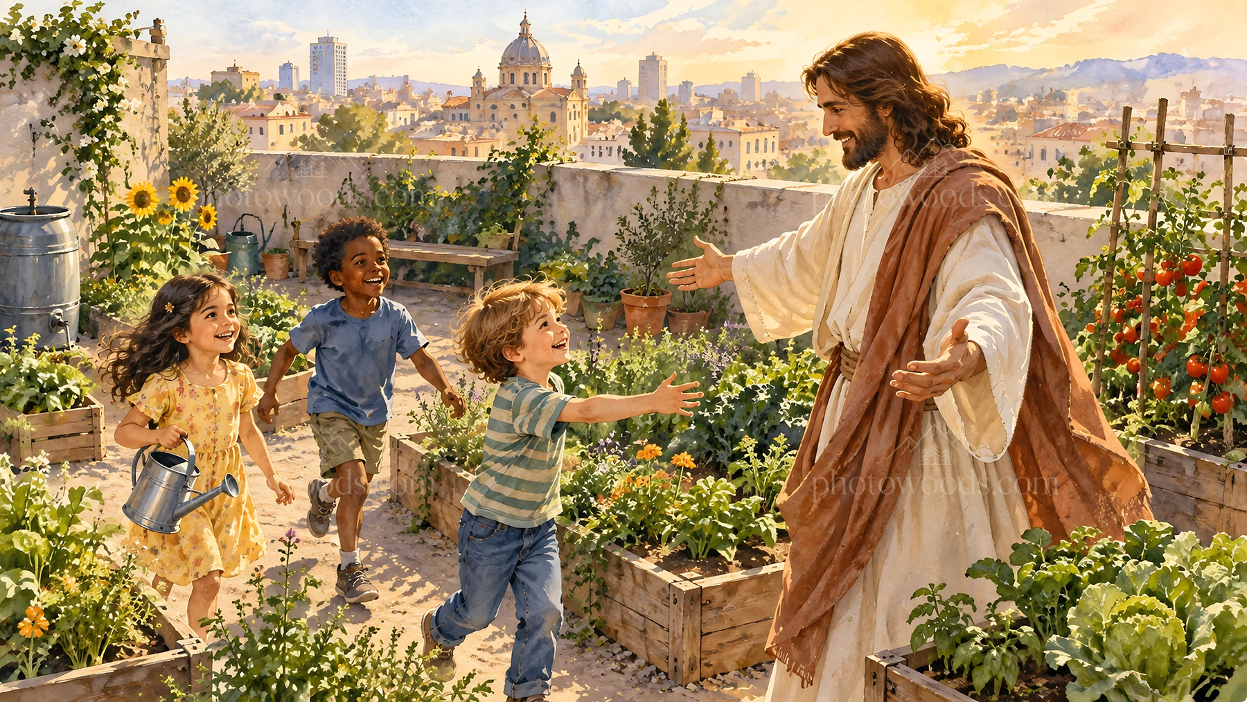 Jesus Christ welcoming children in a garden - AI-generated stock image