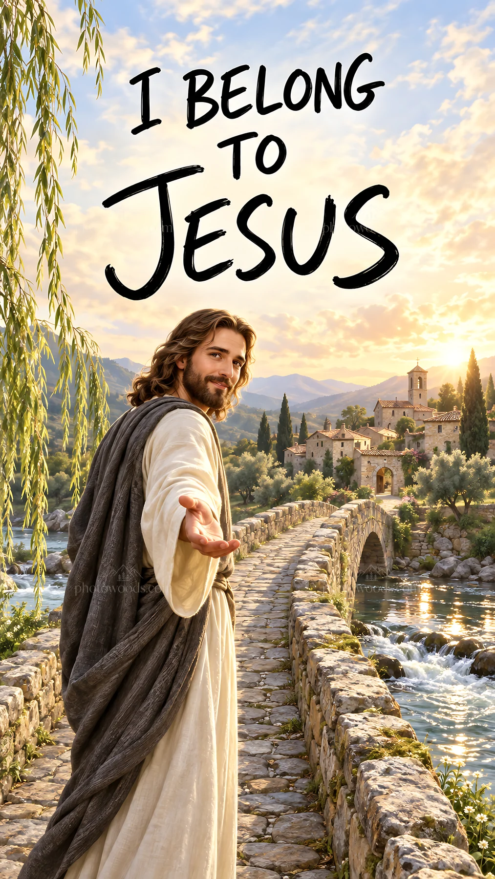Jesus Christ welcoming by the riverside - AI-generated stock image