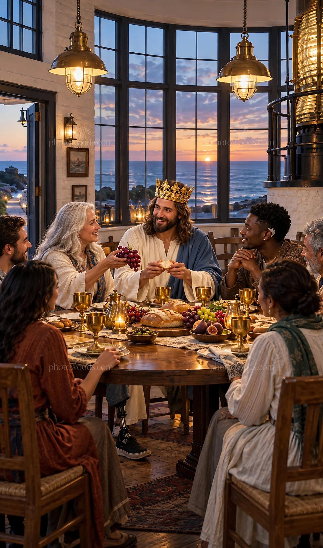 Jesus Christ sharing a meal with disciples in a warm setting - AI-generated stock image