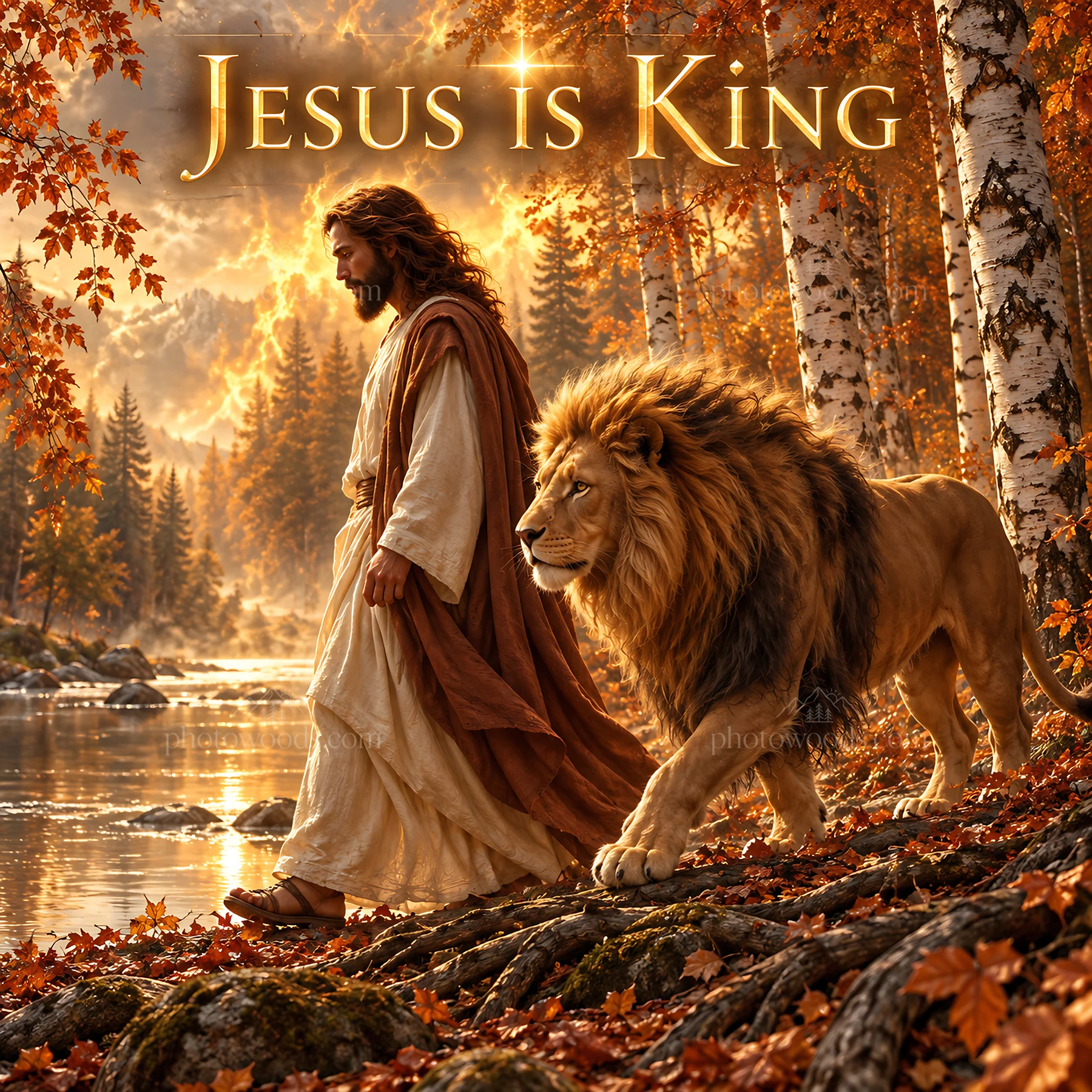 Jesus Christ walks with a lion in a peaceful forest setting - AI-generated stock image
