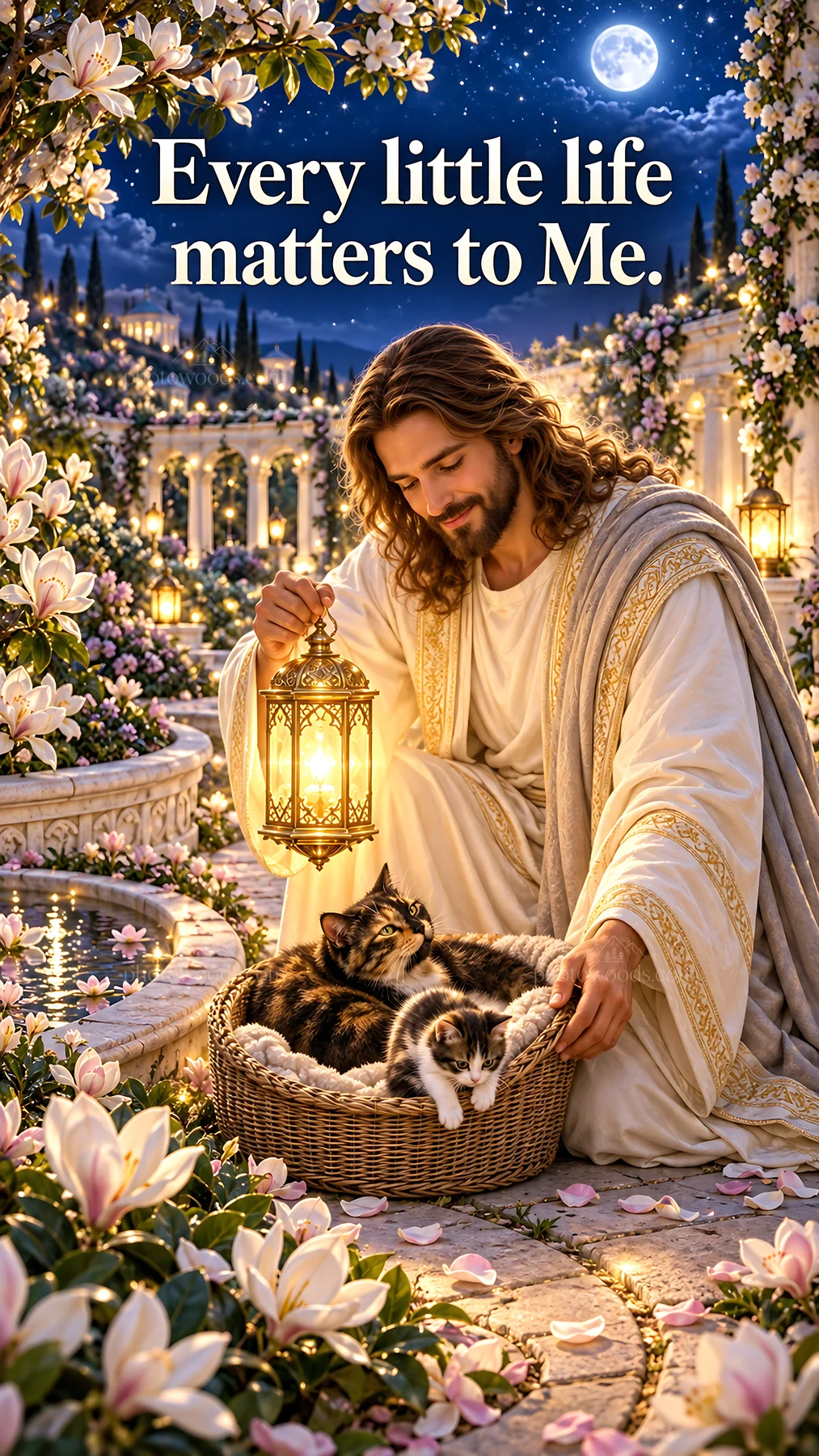 Jesus Christ comforting animals with a lantern in a garden - AI-generated stock image