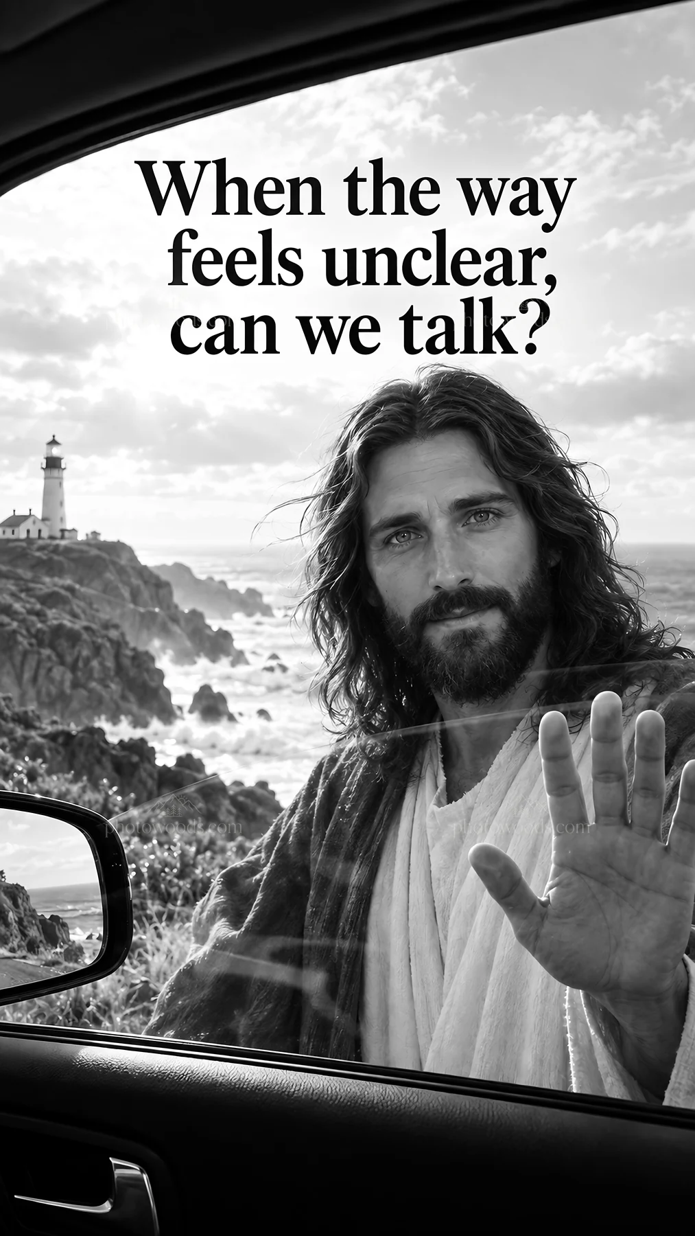 Jesus Christ reaching out with a message by the sea - AI-generated stock image