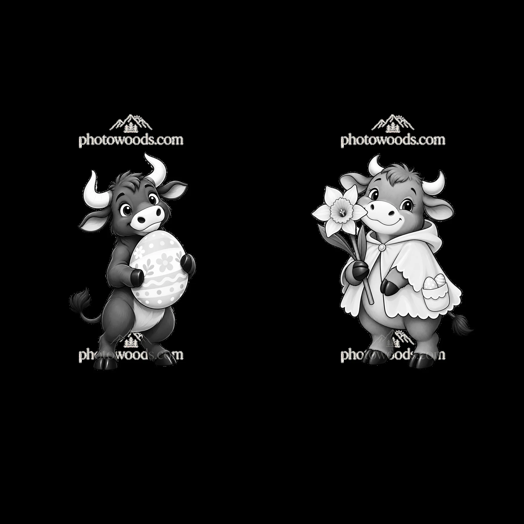 Easter ox holding egg and flowers in monochrome illustration - AI-generated stock image