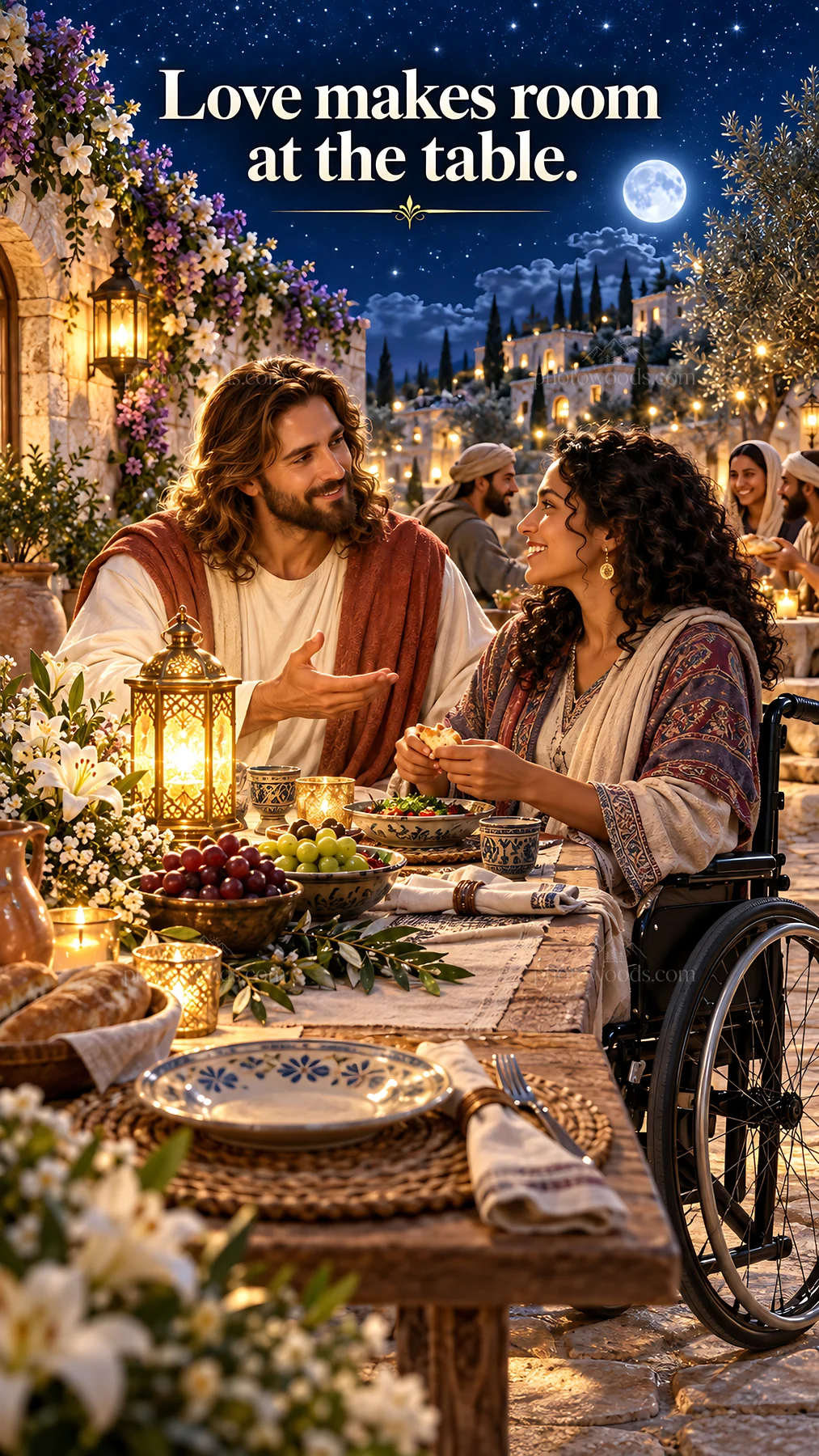 Jesus Christ sharing a meal with a woman in a wheelchair - AI-generated stock image