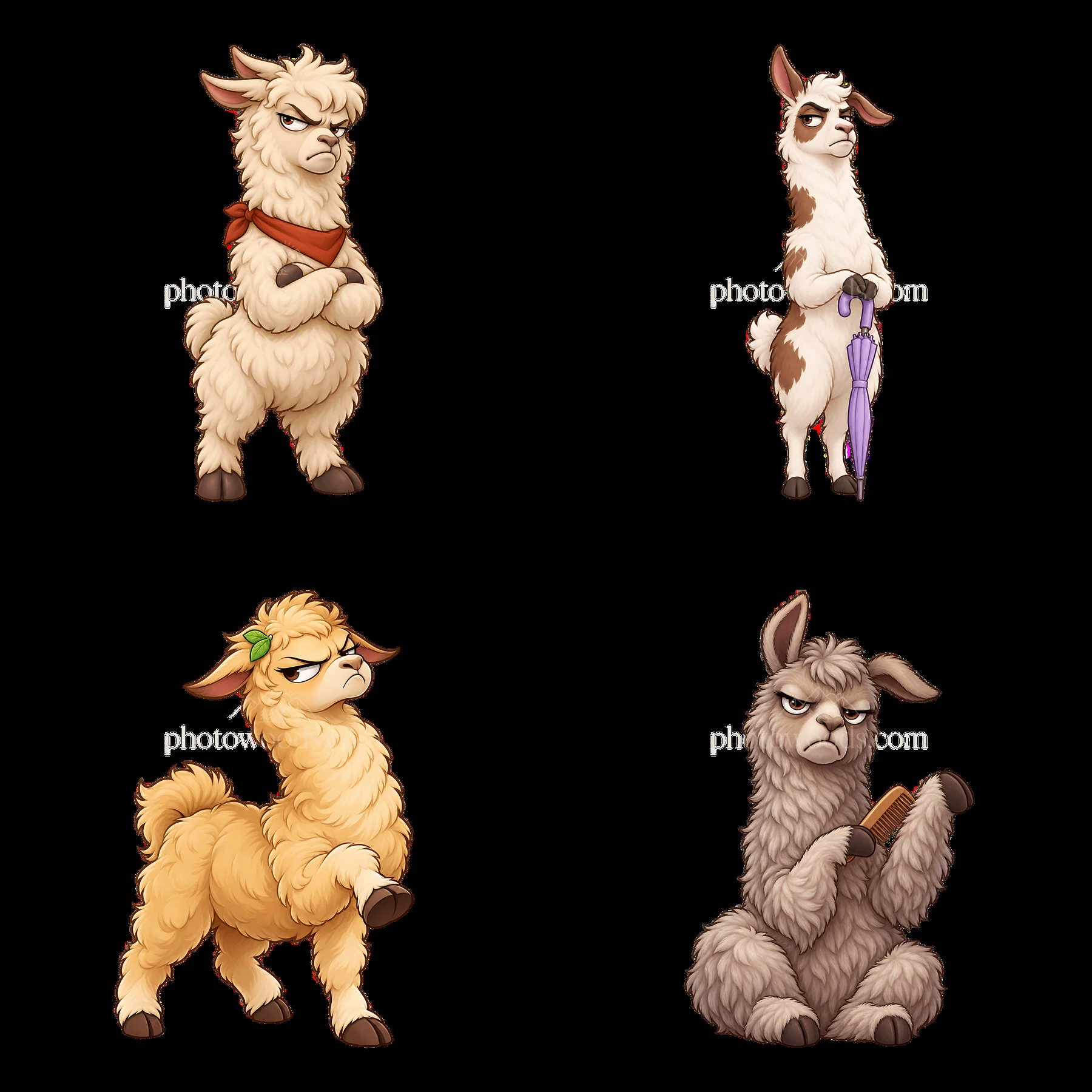 Grumpy llama characters in different poses and expressions - AI-generated stock image