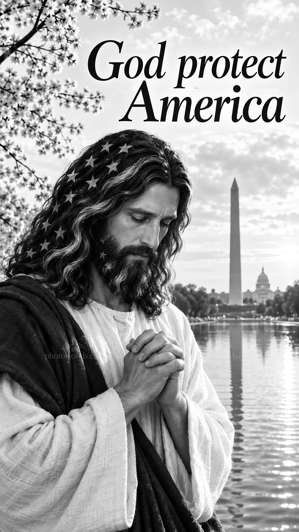 Jesus Christ praying for America by the Washington Monument - AI-generated stock image