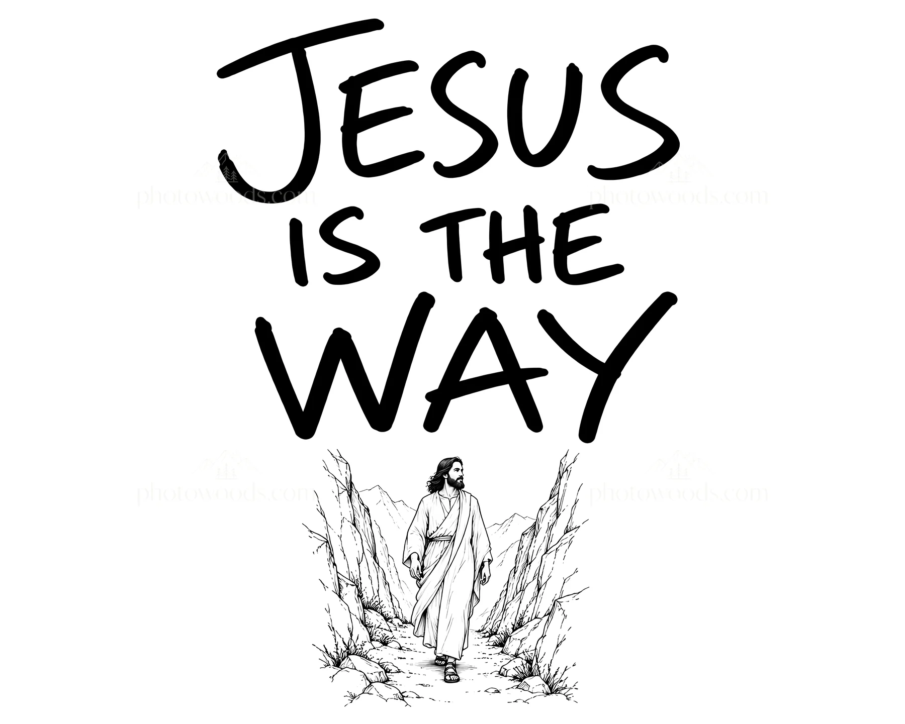 Jesus Christ leading the way through a rocky landscape - AI-generated stock image
