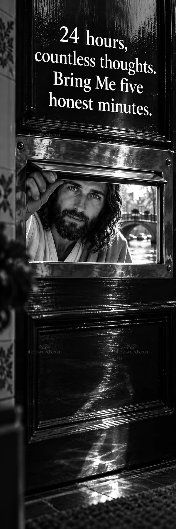 Jesus Christ invites honest reflection through a door - AI-generated stock image