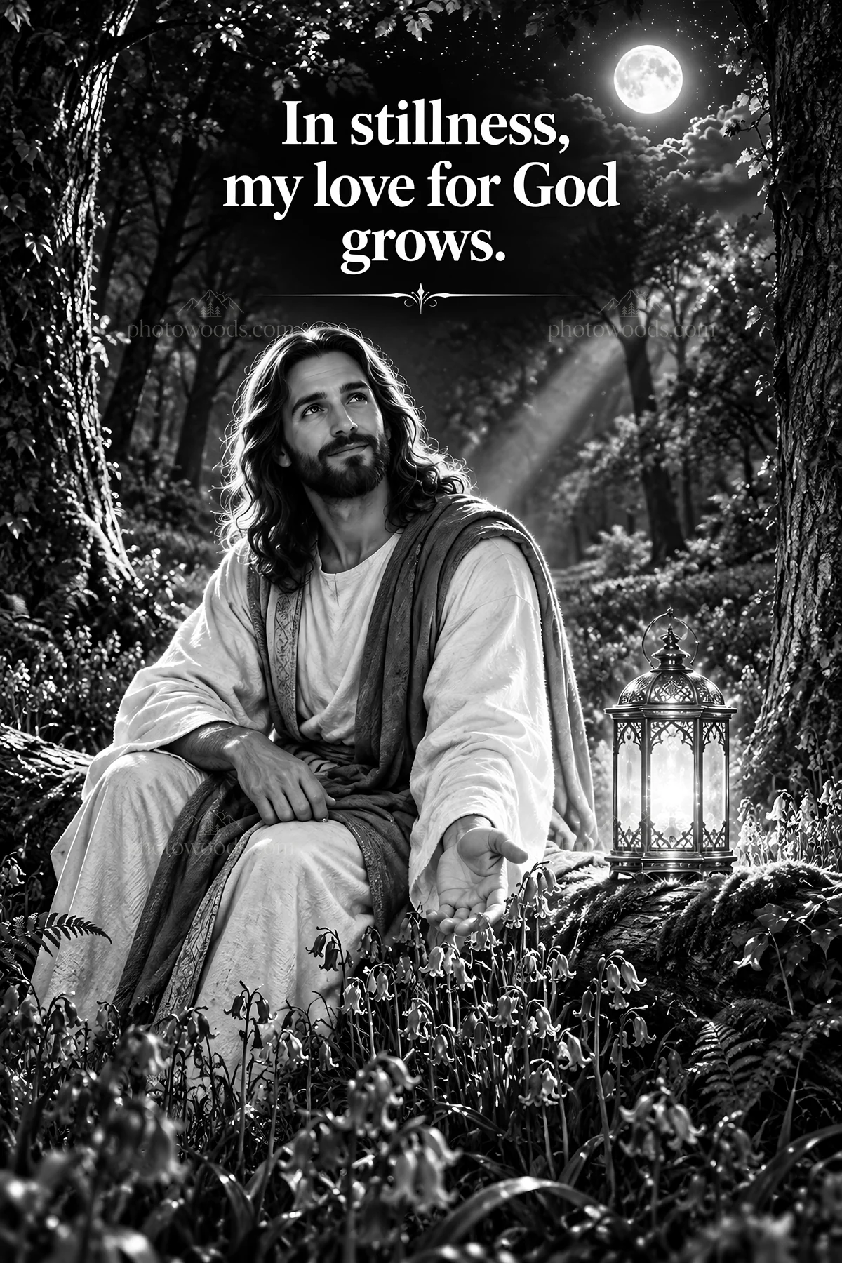 Jesus Christ in a garden reflecting on love for God - AI-generated stock image