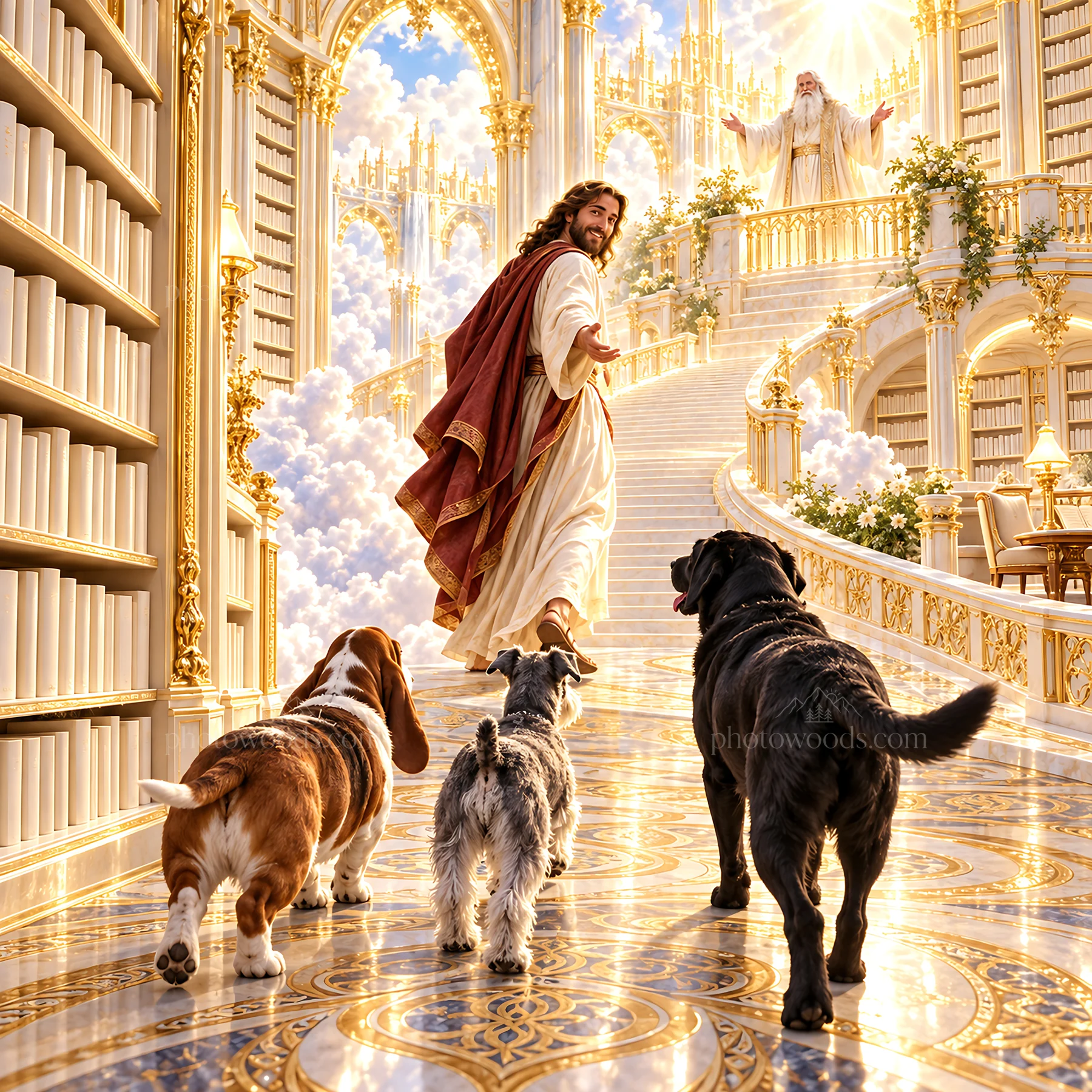 Jesus Christ walking with dogs in a heavenly setting - AI-generated stock image